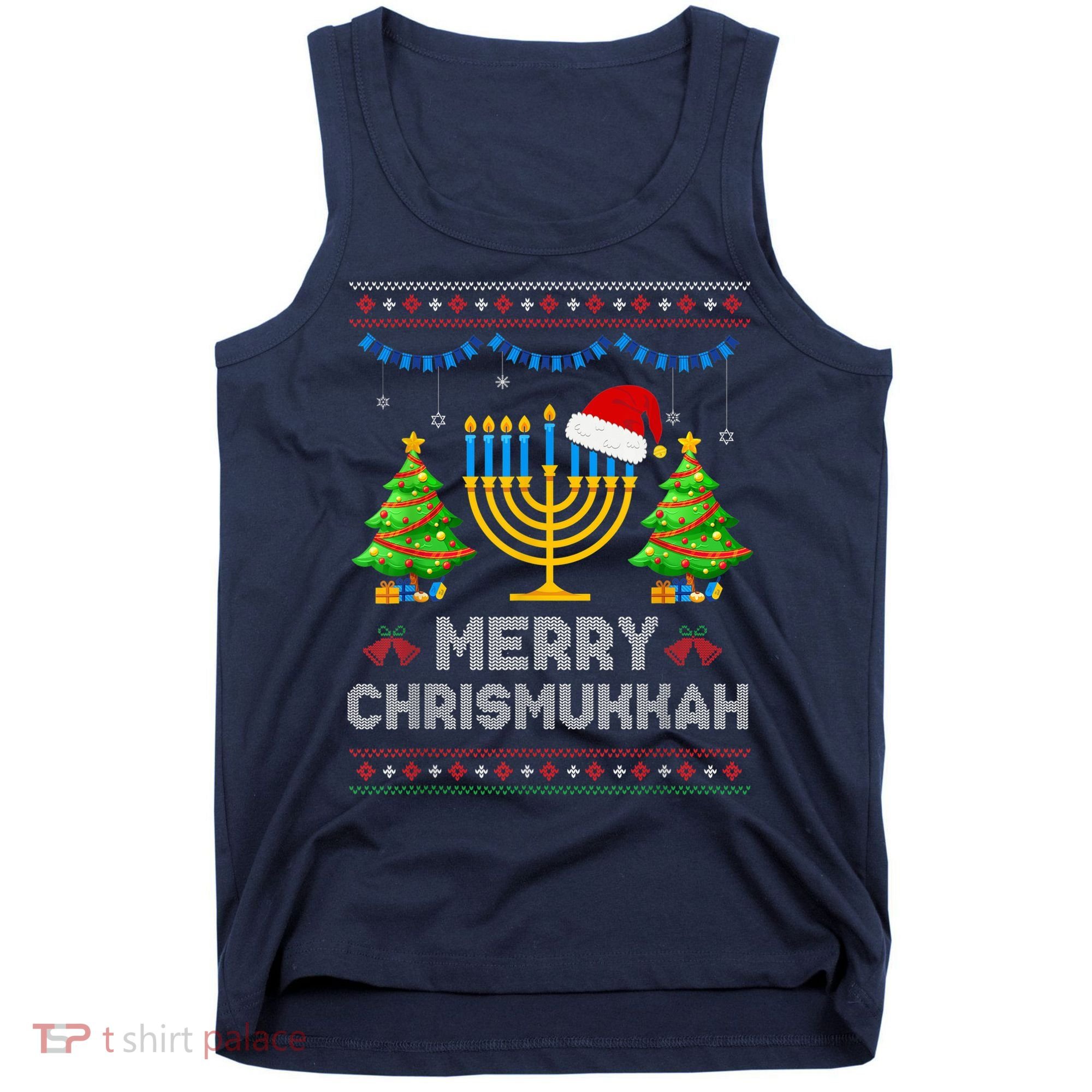 Merry Chrismukkah Happy Hanukkah Christmas Santa Hat Menorah Tank Top