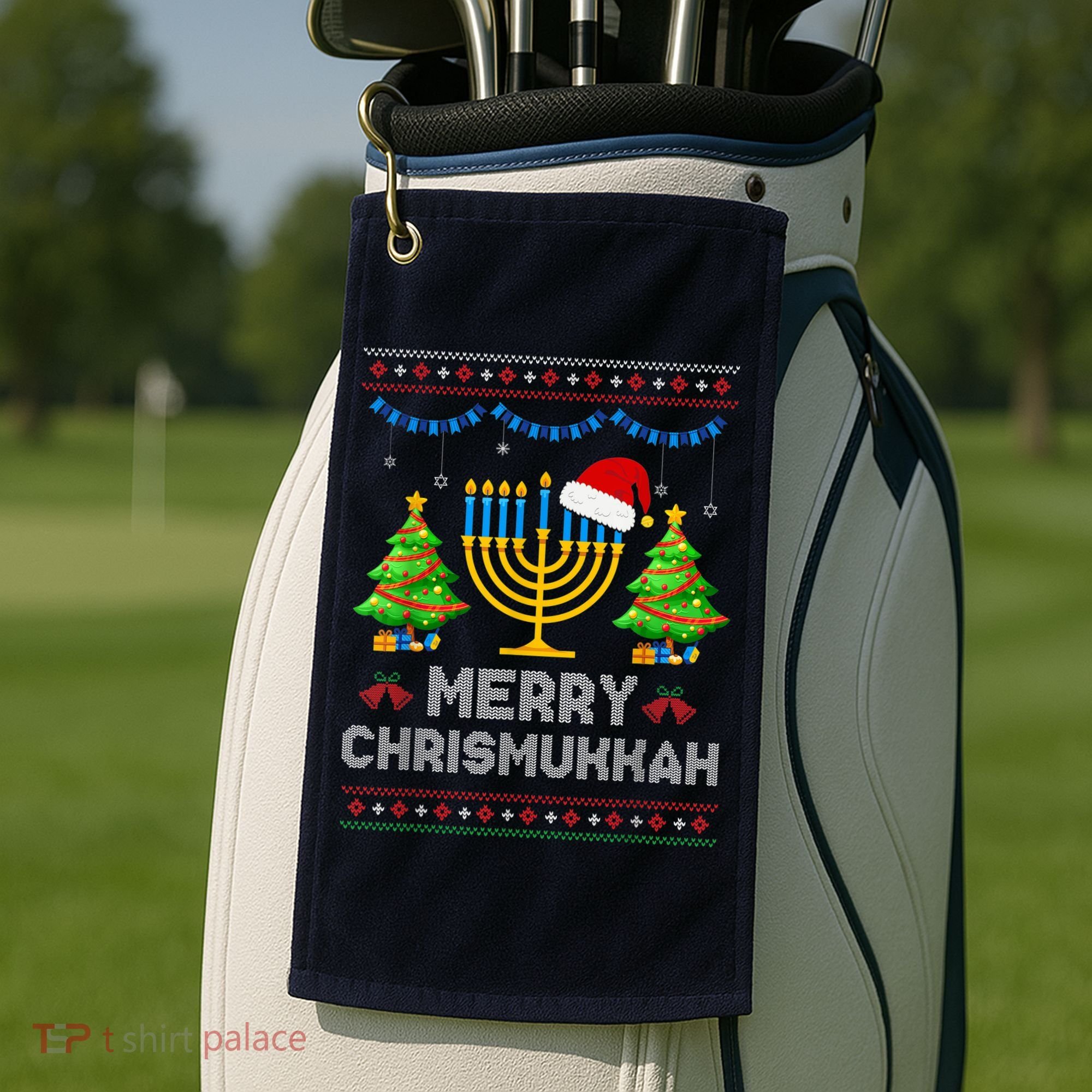 Merry Chrismukkah Happy Hanukkah Christmas Santa Hat Menorah Golf Towel