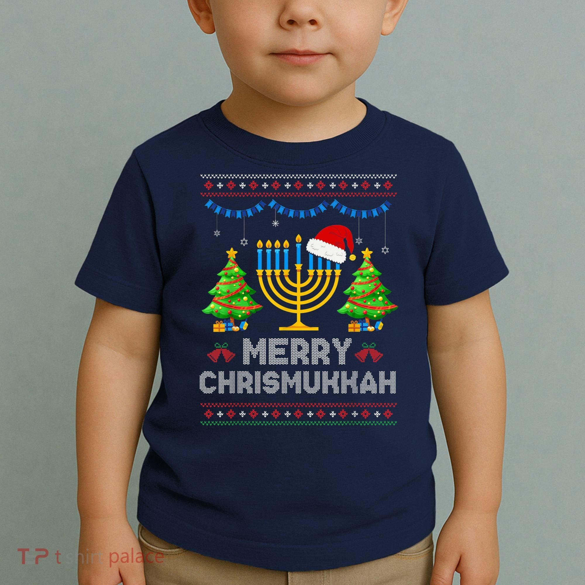 Merry Chrismukkah Happy Hanukkah Christmas Santa Hat Menorah Toddler T-Shirt
