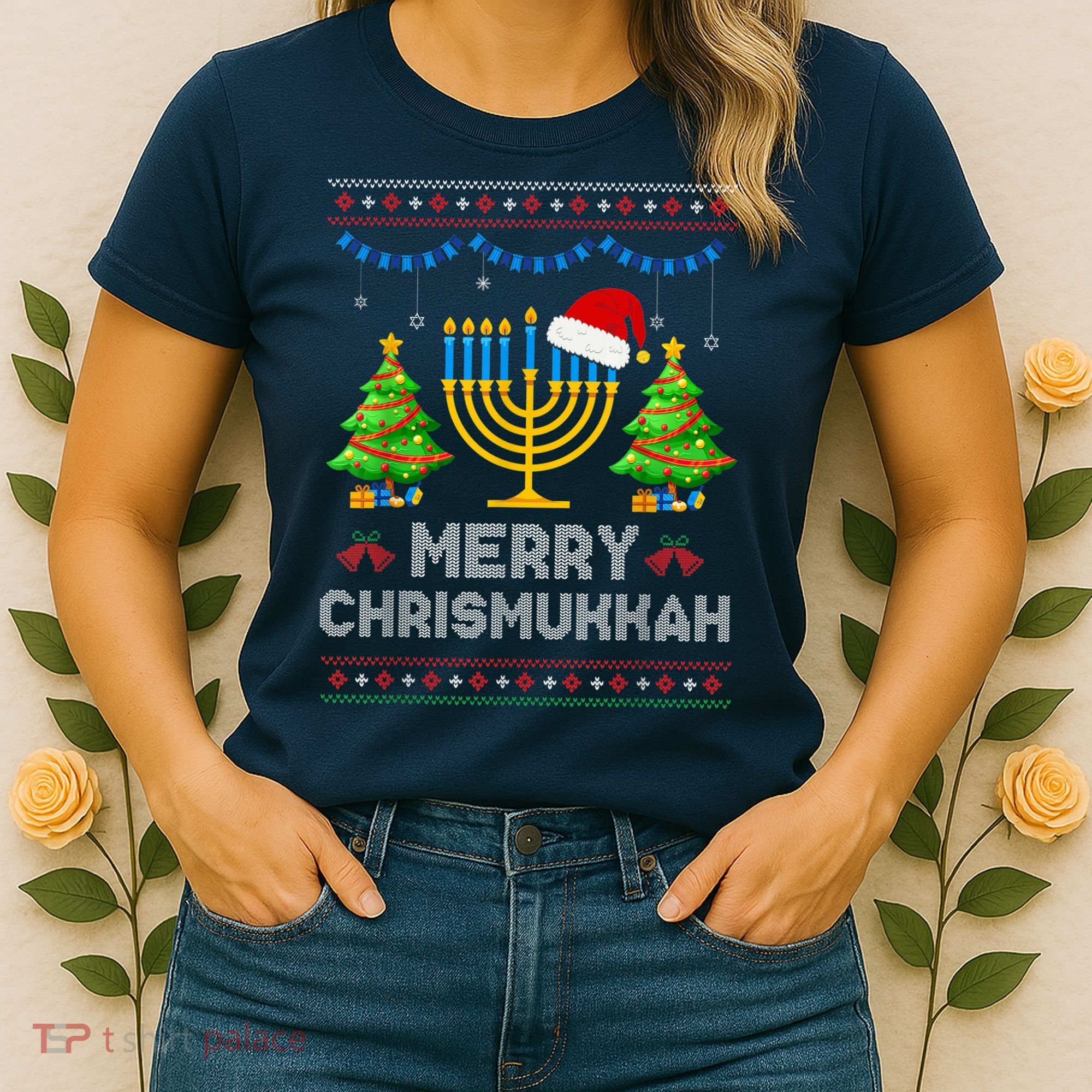 Merry Chrismukkah Happy Hanukkah Christmas Santa Hat Menorah Women's T-Shirt