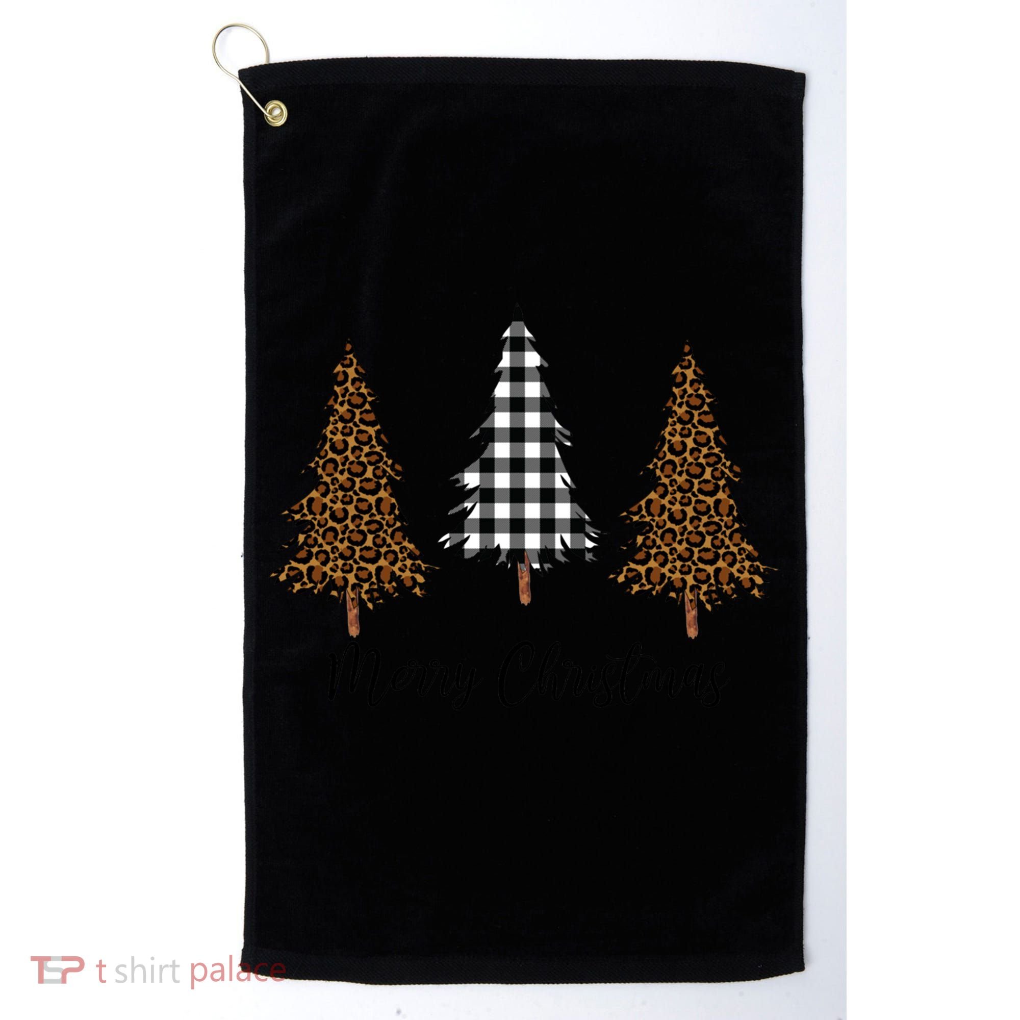 Merry Christmas Holiday Plaid Christmas Tree And Leopard Print Gift Golf Towel