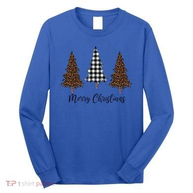 Merry Christmas Holiday Plaid Christmas Tree And Leopard Print Gift Long Sleeve Shirt