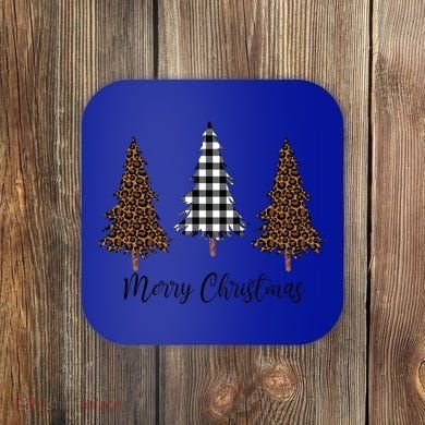 Merry Christmas Holiday Plaid Christmas Tree And Leopard Print Gift Coaster