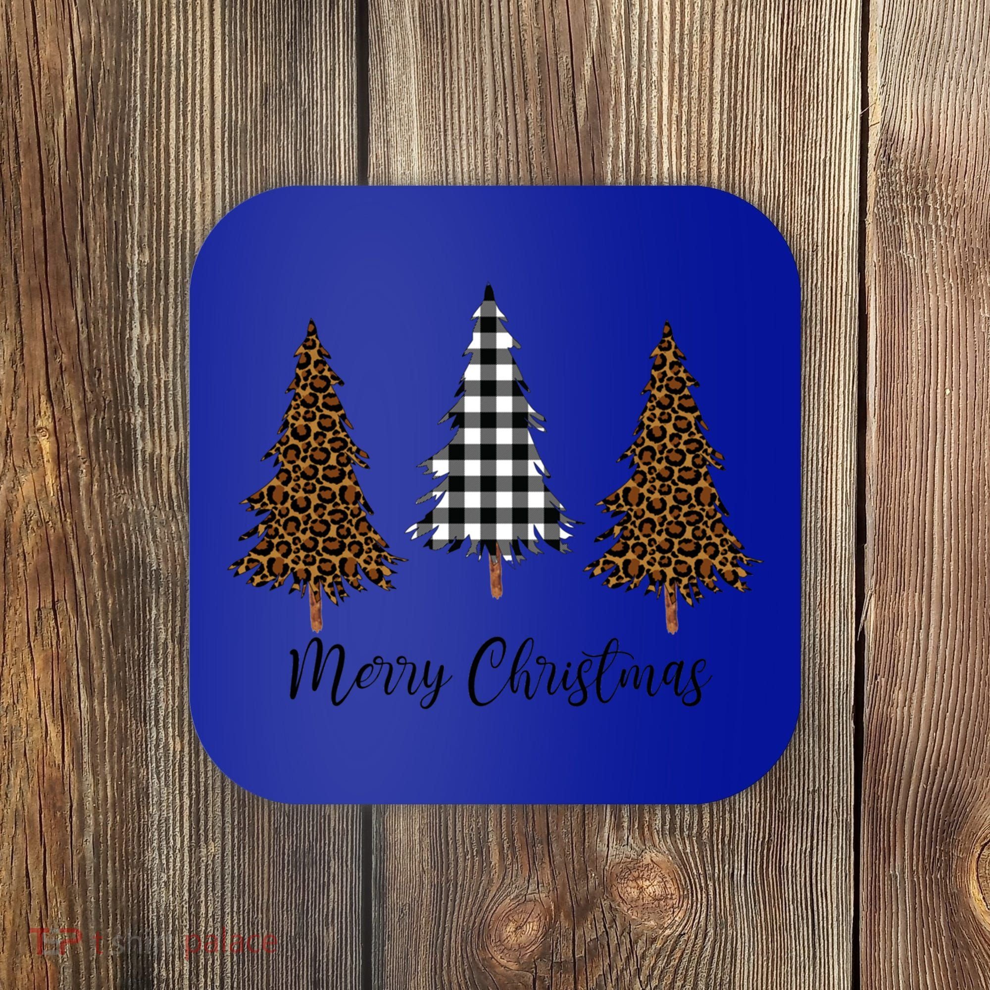 Merry Christmas Holiday Plaid Christmas Tree And Leopard Print Gift Coaster
