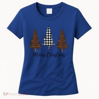 Merry Christmas Holiday Plaid Christmas Tree And Leopard Print Gift Women's T-Shirt