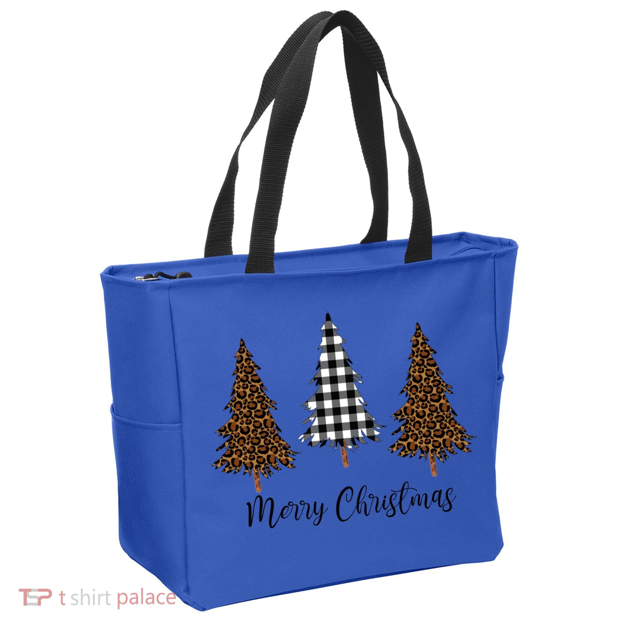 Merry Christmas Holiday Plaid Christmas Tree And Leopard Print Gift Tote Bag