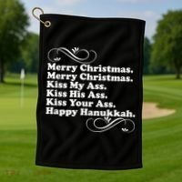 Merry Christmas Happy Hanukkah Funny Holiday Golf Towel thumb 1