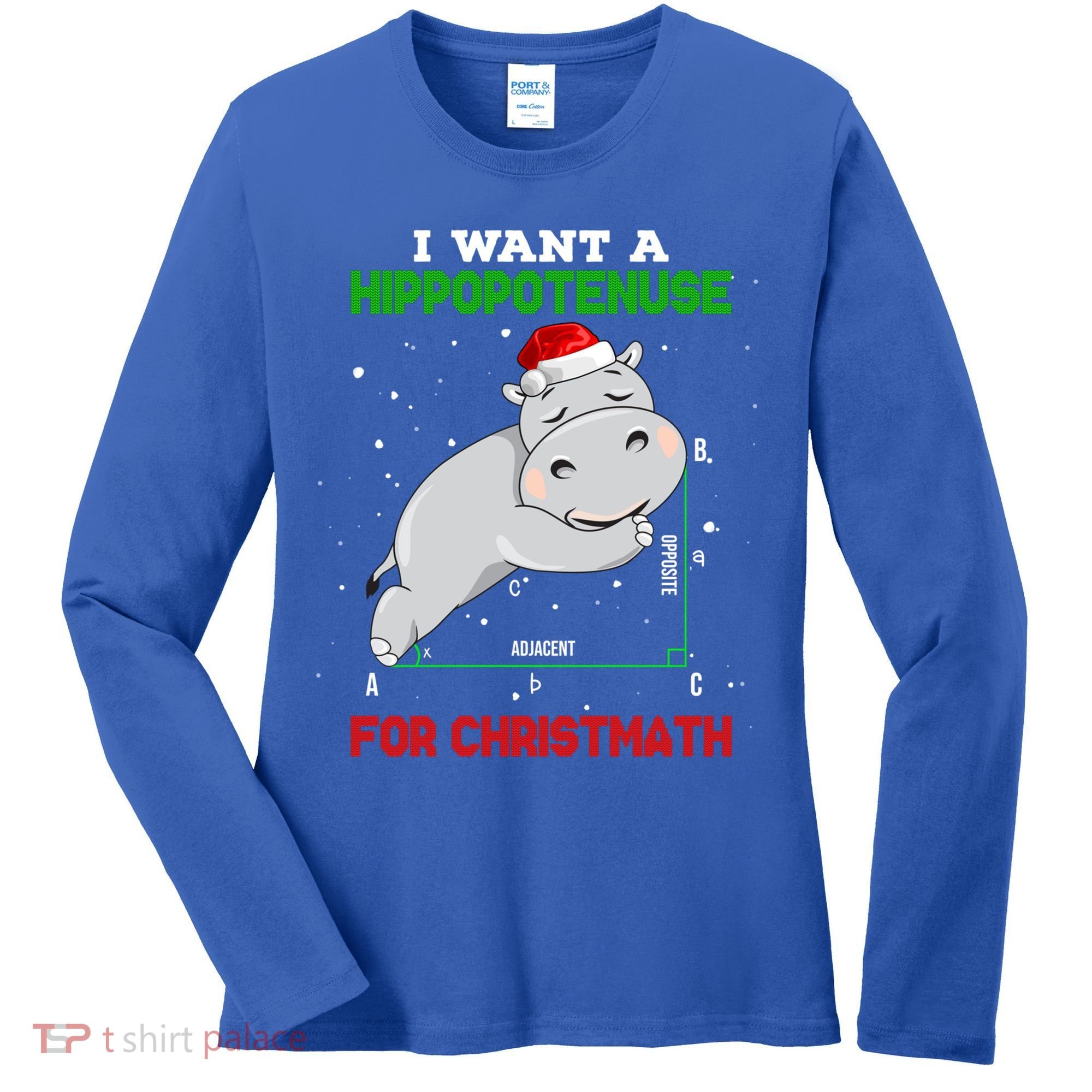 Math Christmas Hippo I Want A Hippopotenuse For Christmath Meaningful Gift Women's Long Sleeve Shirt