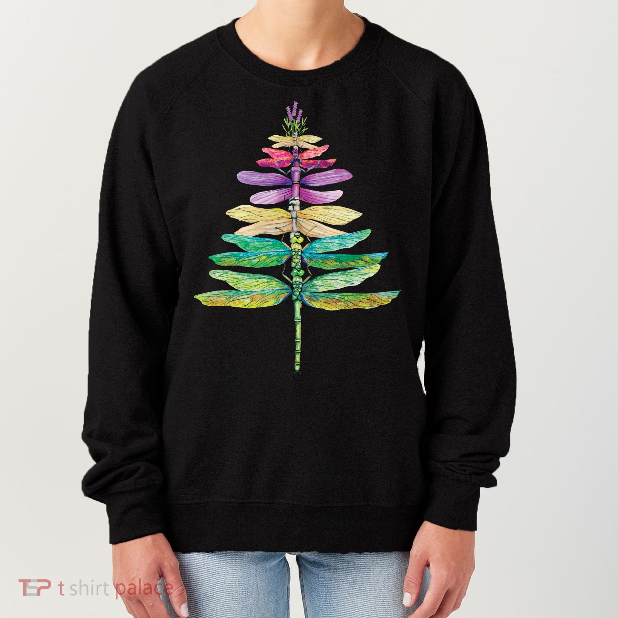 Merry Christmas Insect Lover Xmas Dragonfly Christmas Tree Long Sleeve Women's Sweatshirt