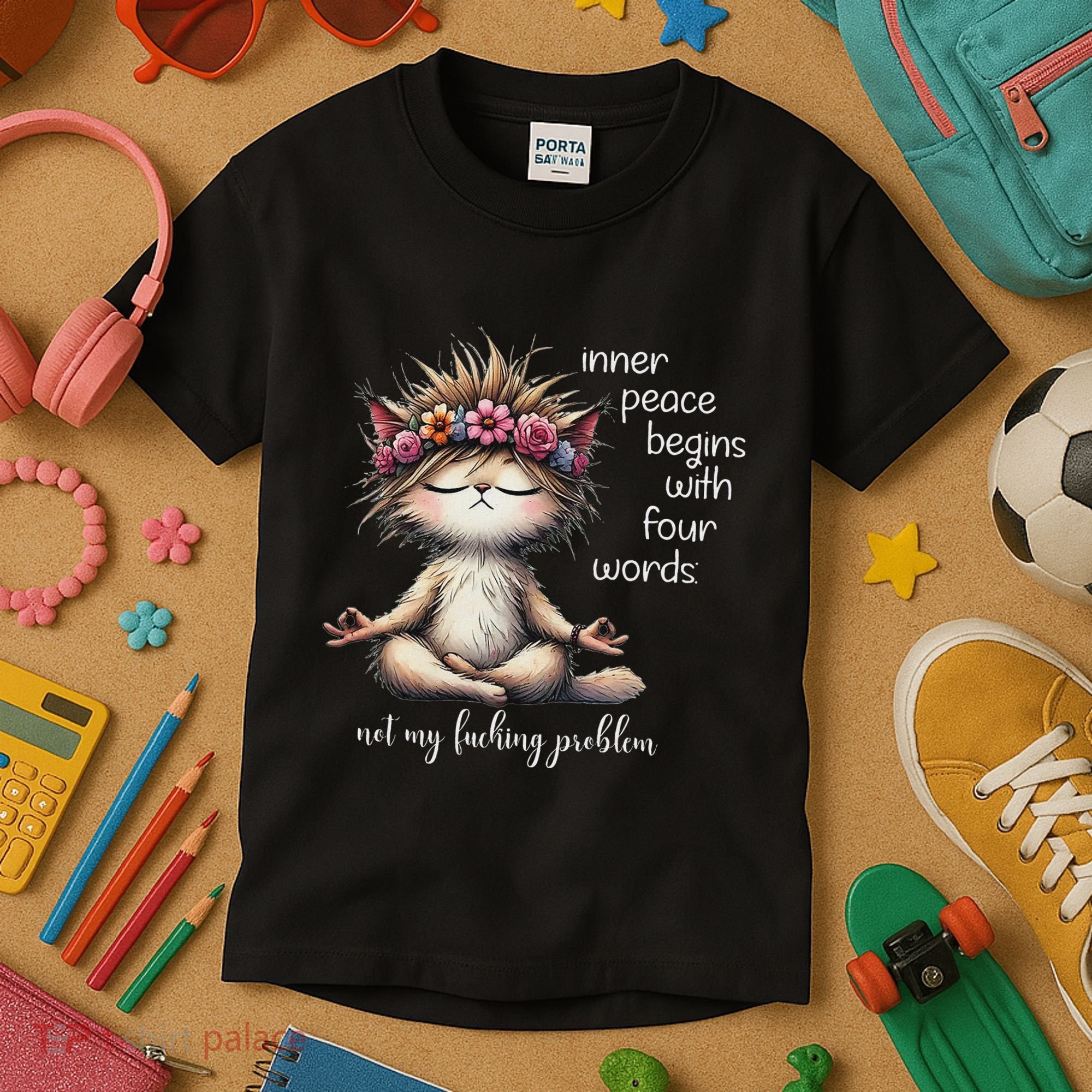 Meditating Cat Inner Peace Begins With Four Word Not My Fuck Kids T-Shirt