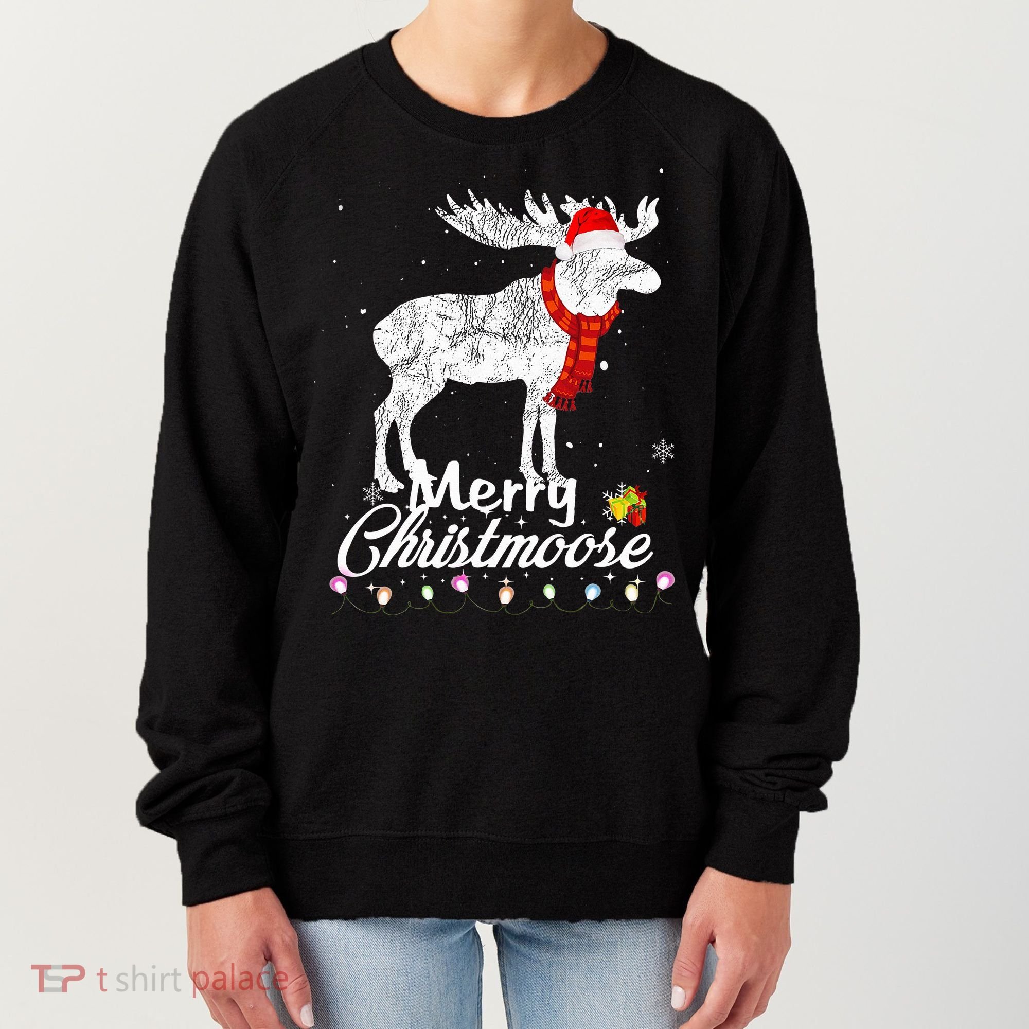 Merry Christmoose Lights Santa Hat Funny Christmas Moose  Women's Sweatshirt