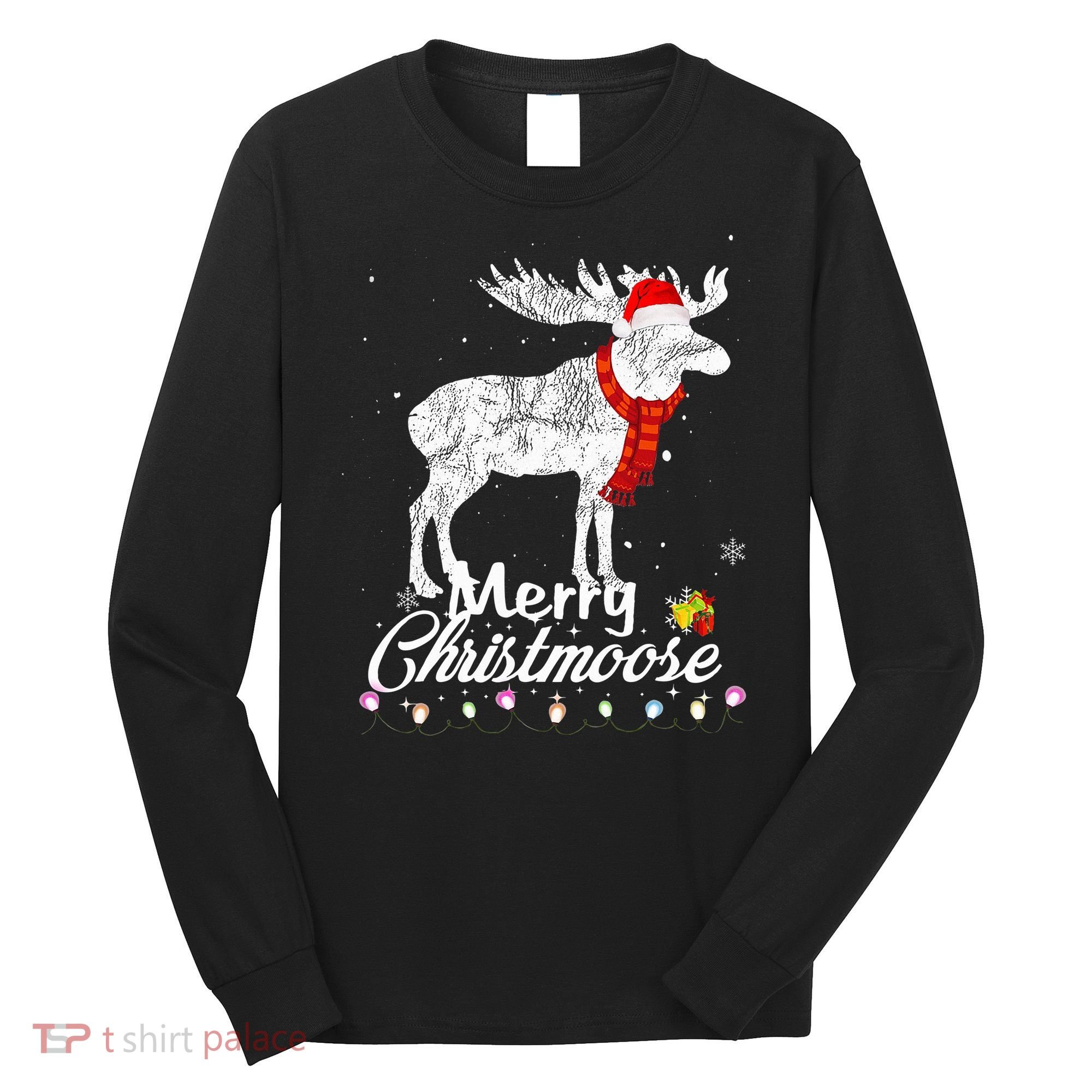 Merry Christmoose Lights Santa Hat Funny Christmas Moose  Long Sleeve Shirt