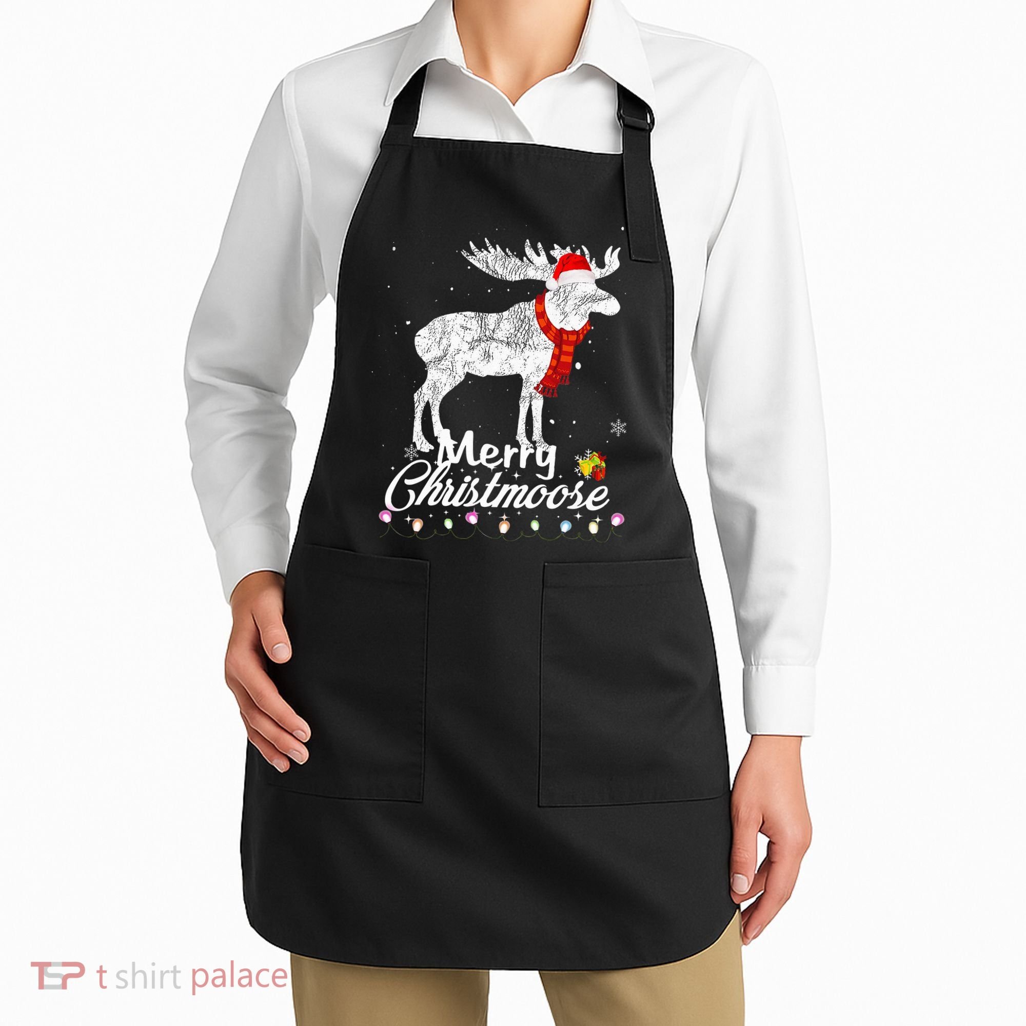 Merry Christmoose Lights Santa Hat Funny Christmas Moose  Apron