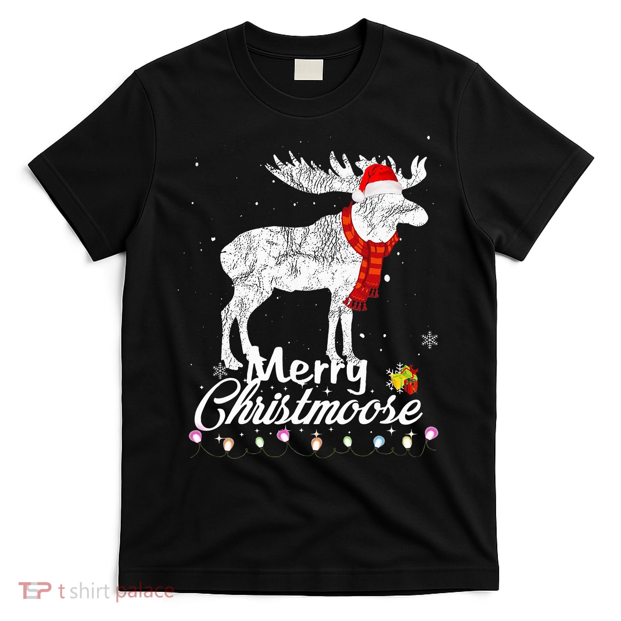 Merry Christmoose Lights Santa Hat Funny Christmas Moose  T-Shirt