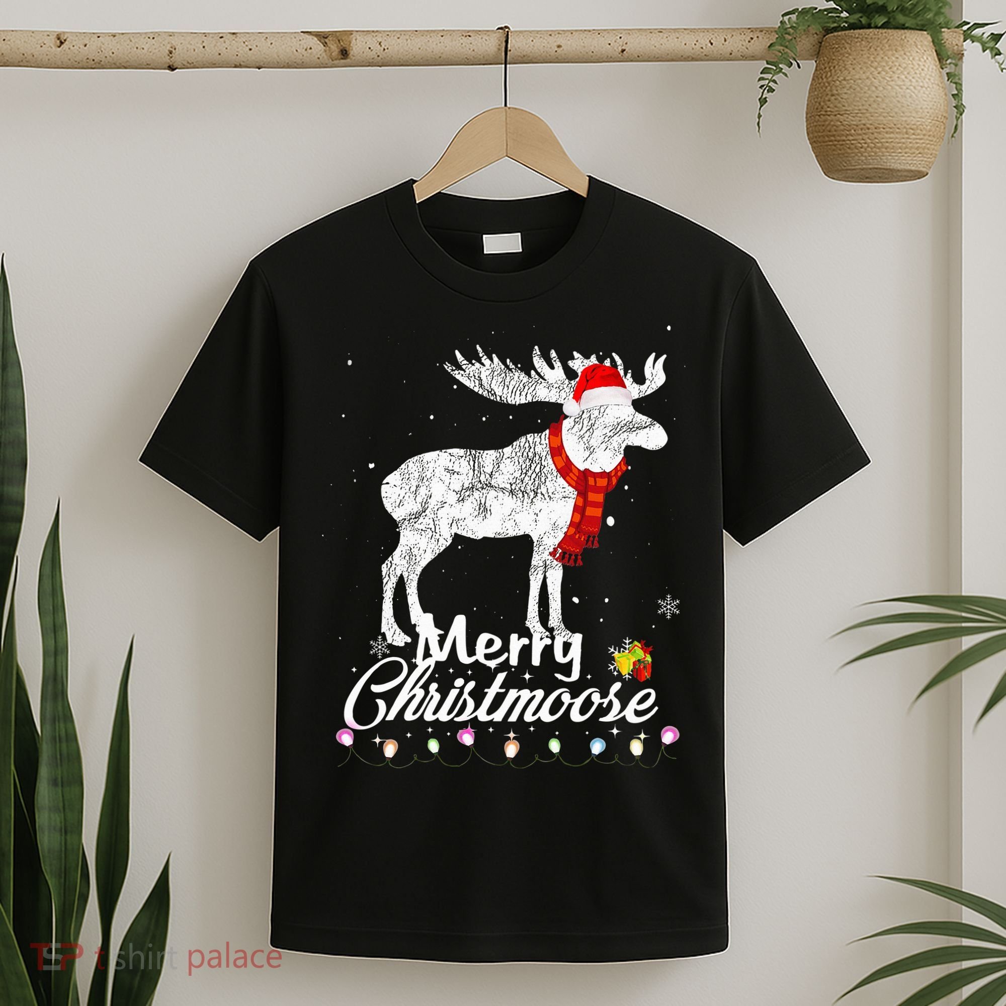 Merry Christmoose Lights Santa Hat Funny Christmas Moose  T-Shirt