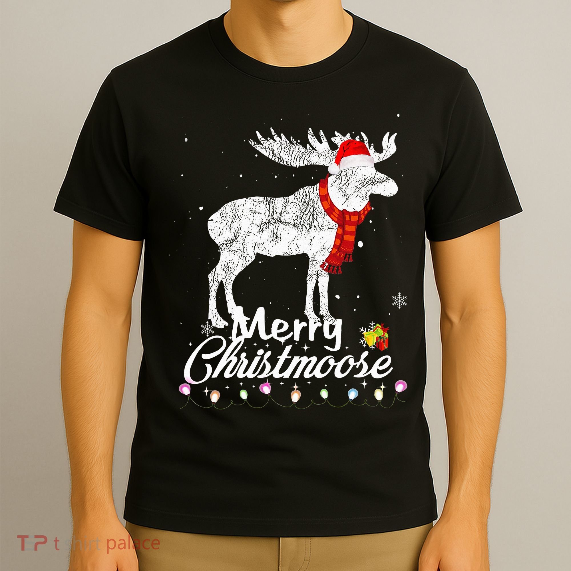 Merry Christmoose Lights Santa Hat Funny Christmas Moose  T-Shirt