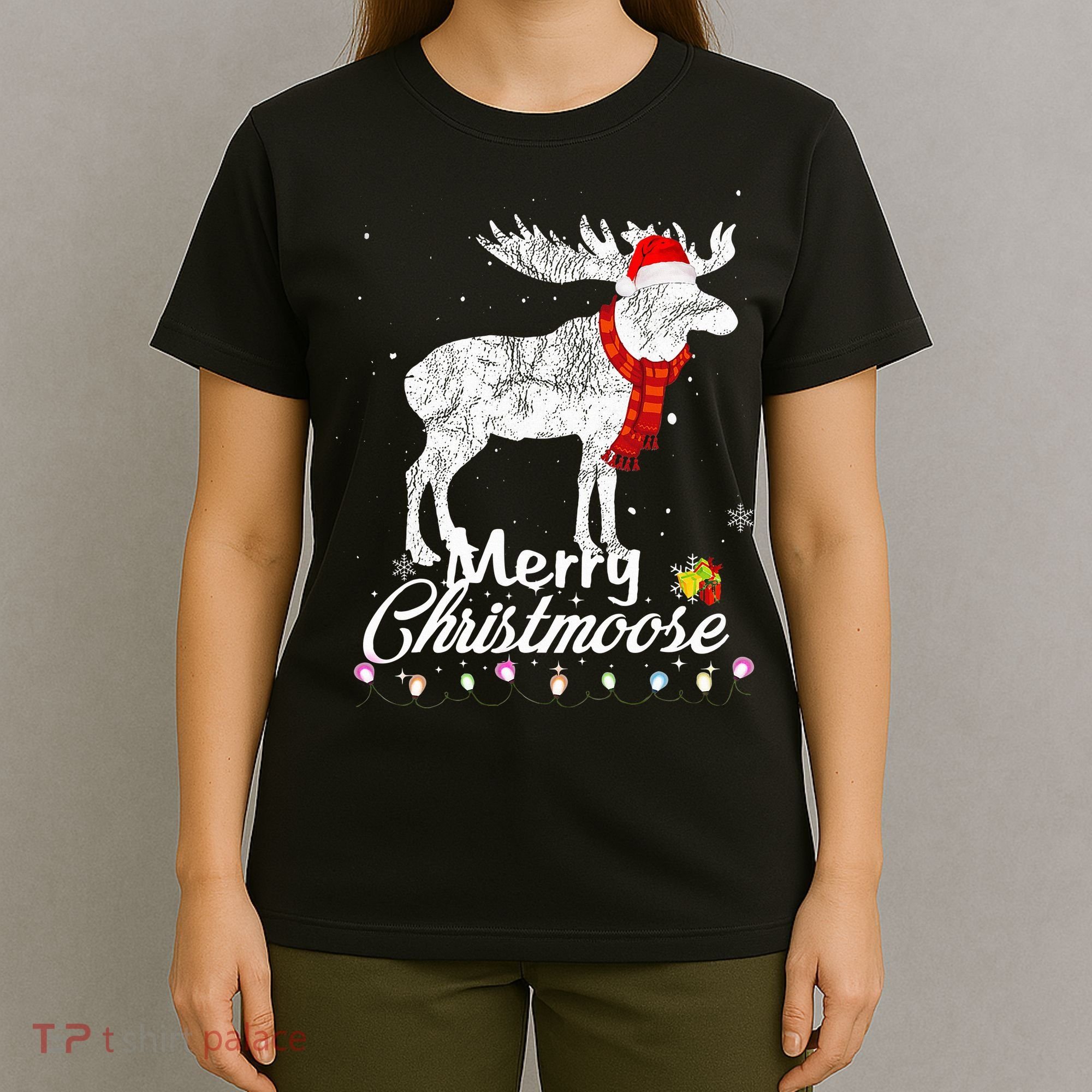 Merry Christmoose Lights Santa Hat Funny Christmas Moose  T-Shirt