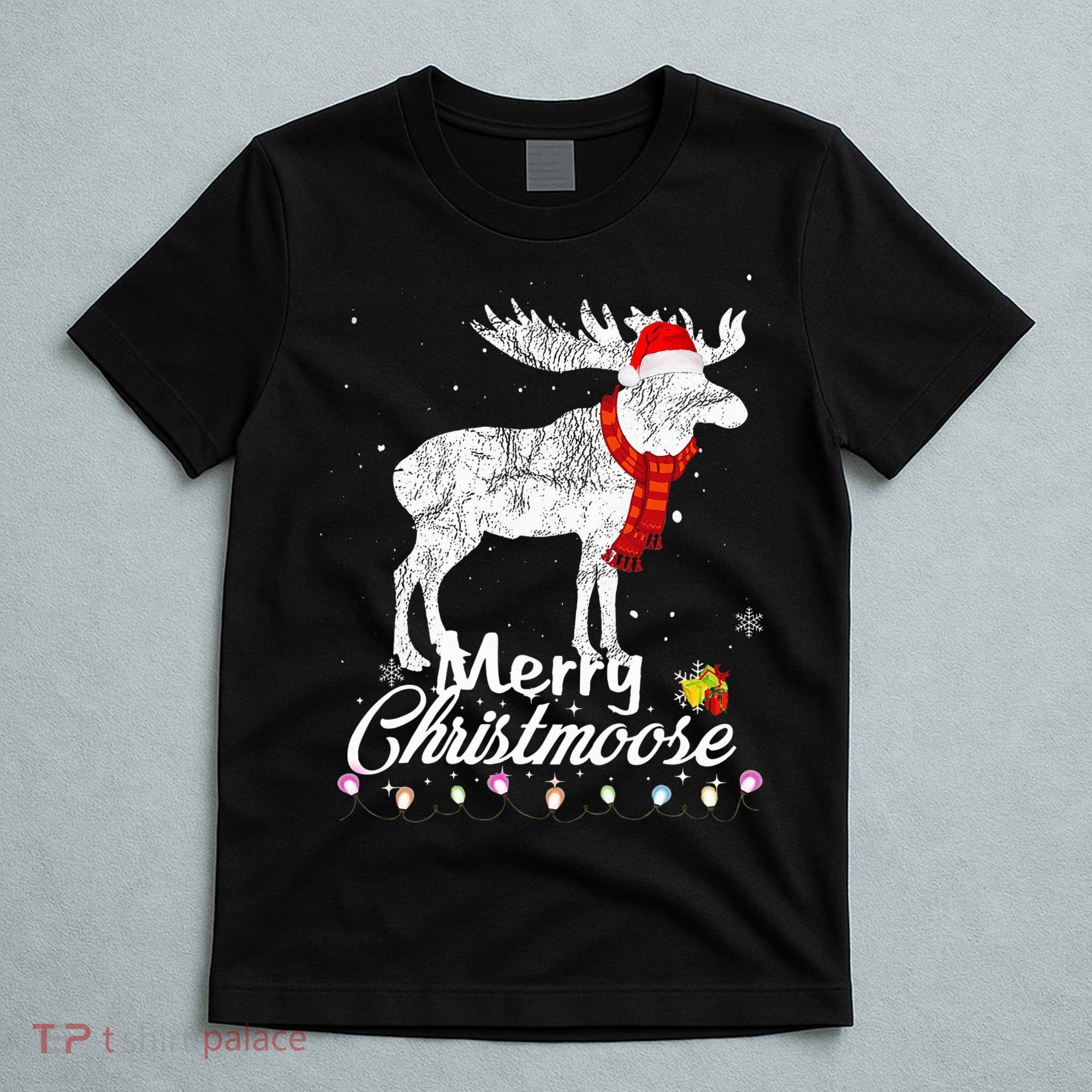 Merry Christmoose Lights Santa Hat Funny Christmas Moose  T-Shirt