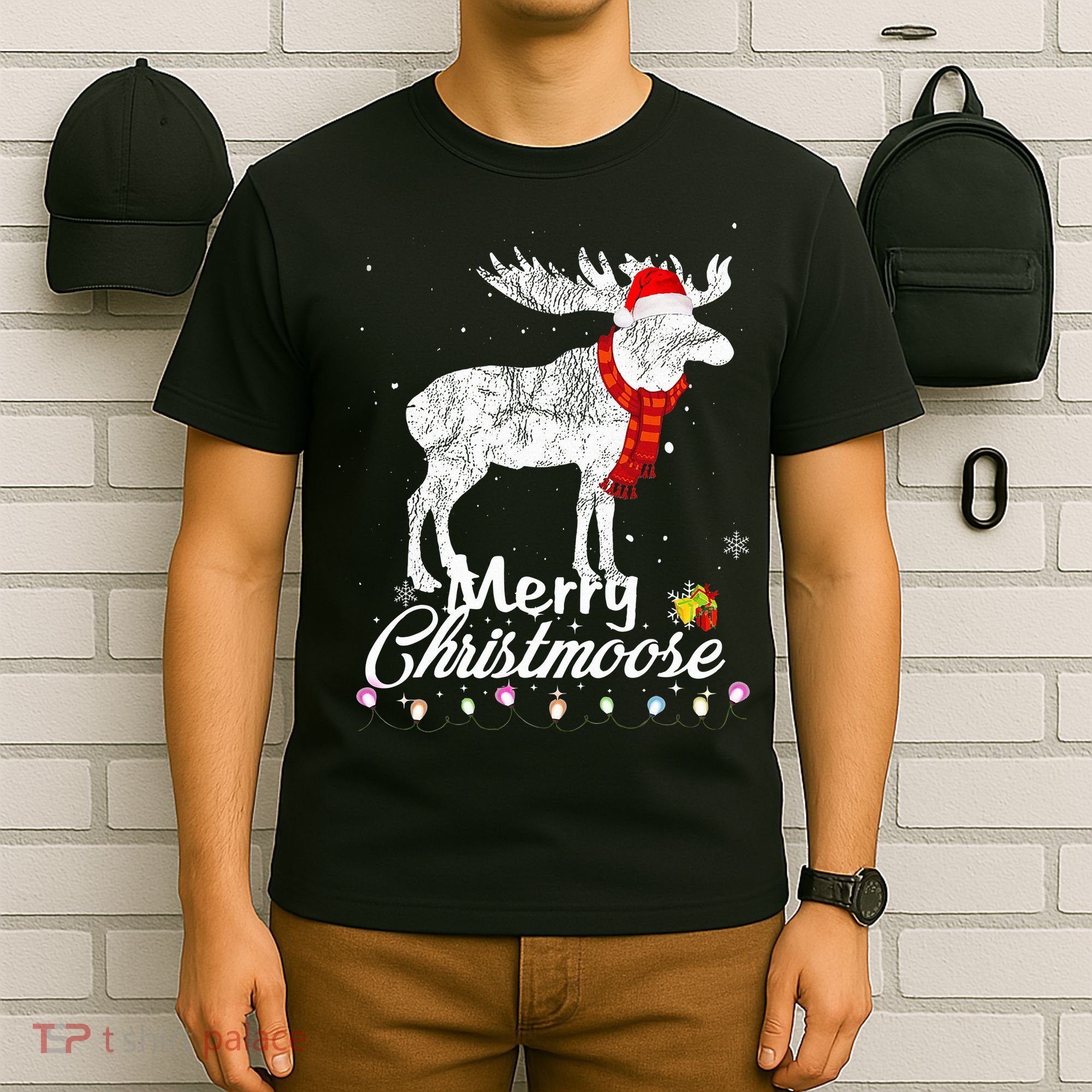 Merry Christmoose Lights Santa Hat Funny Christmas Moose  T-Shirt
