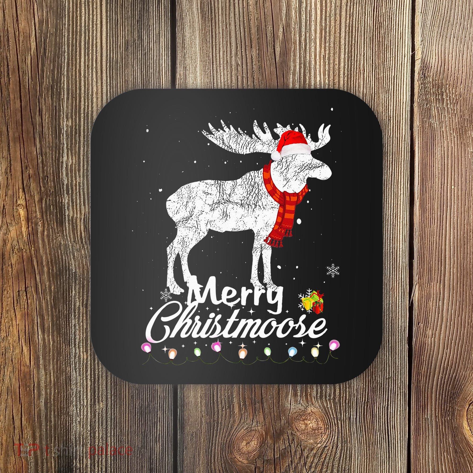 Merry Christmoose Lights Santa Hat Funny Christmas Moose  Coaster