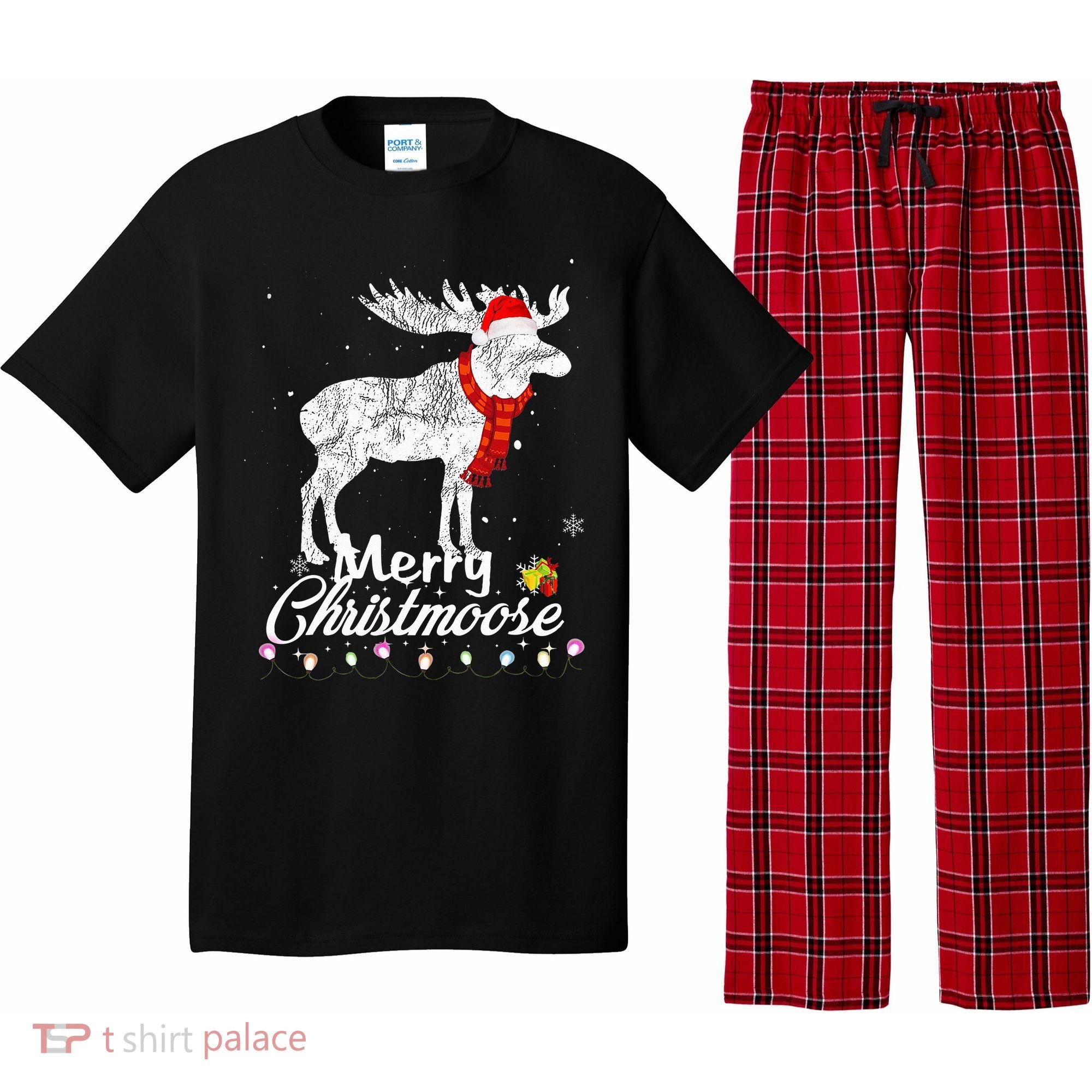 Merry Christmoose Lights Santa Hat Funny Christmas Moose  Pajama Set