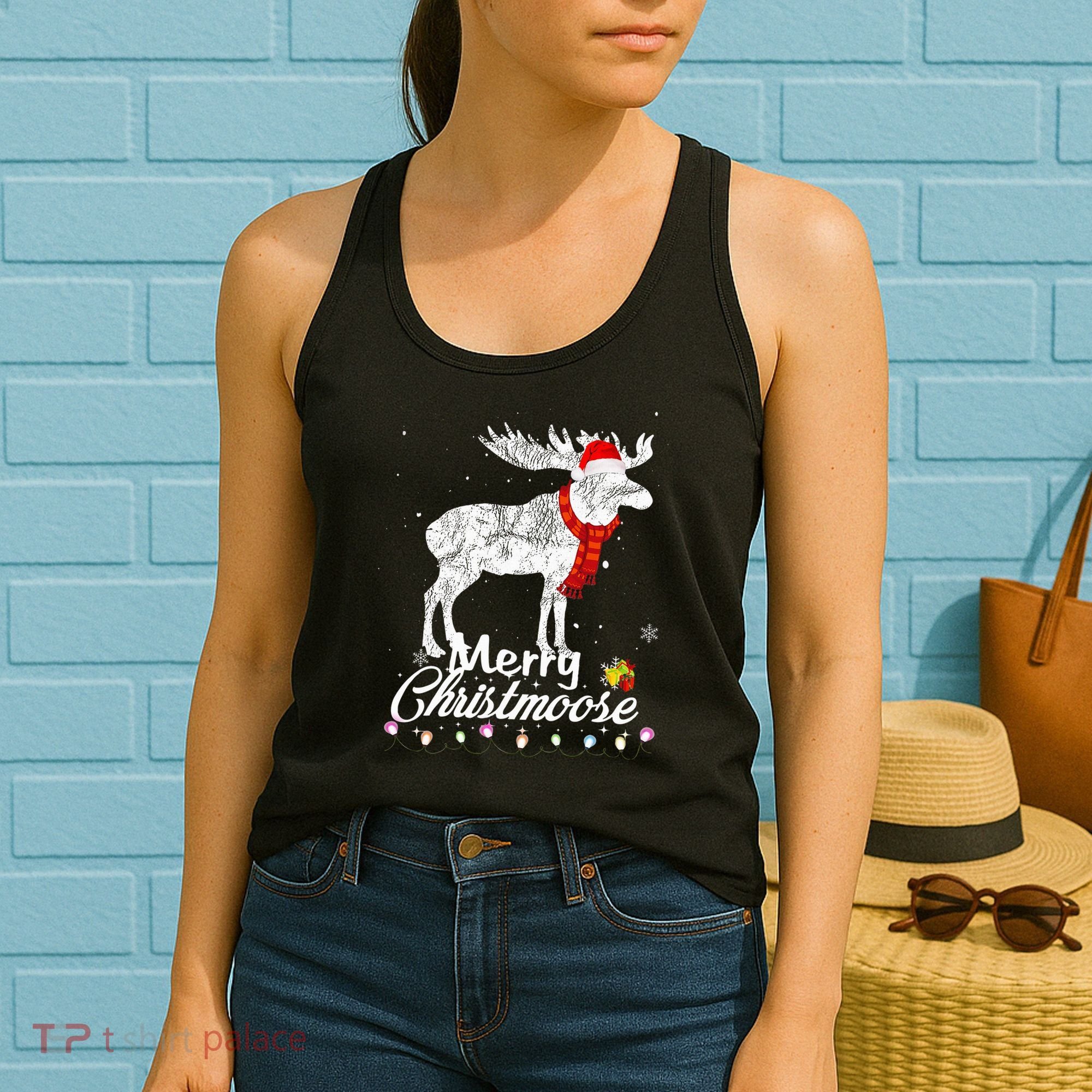 Merry Christmoose Lights Santa Hat Funny Christmas Moose  Women's Tank Top