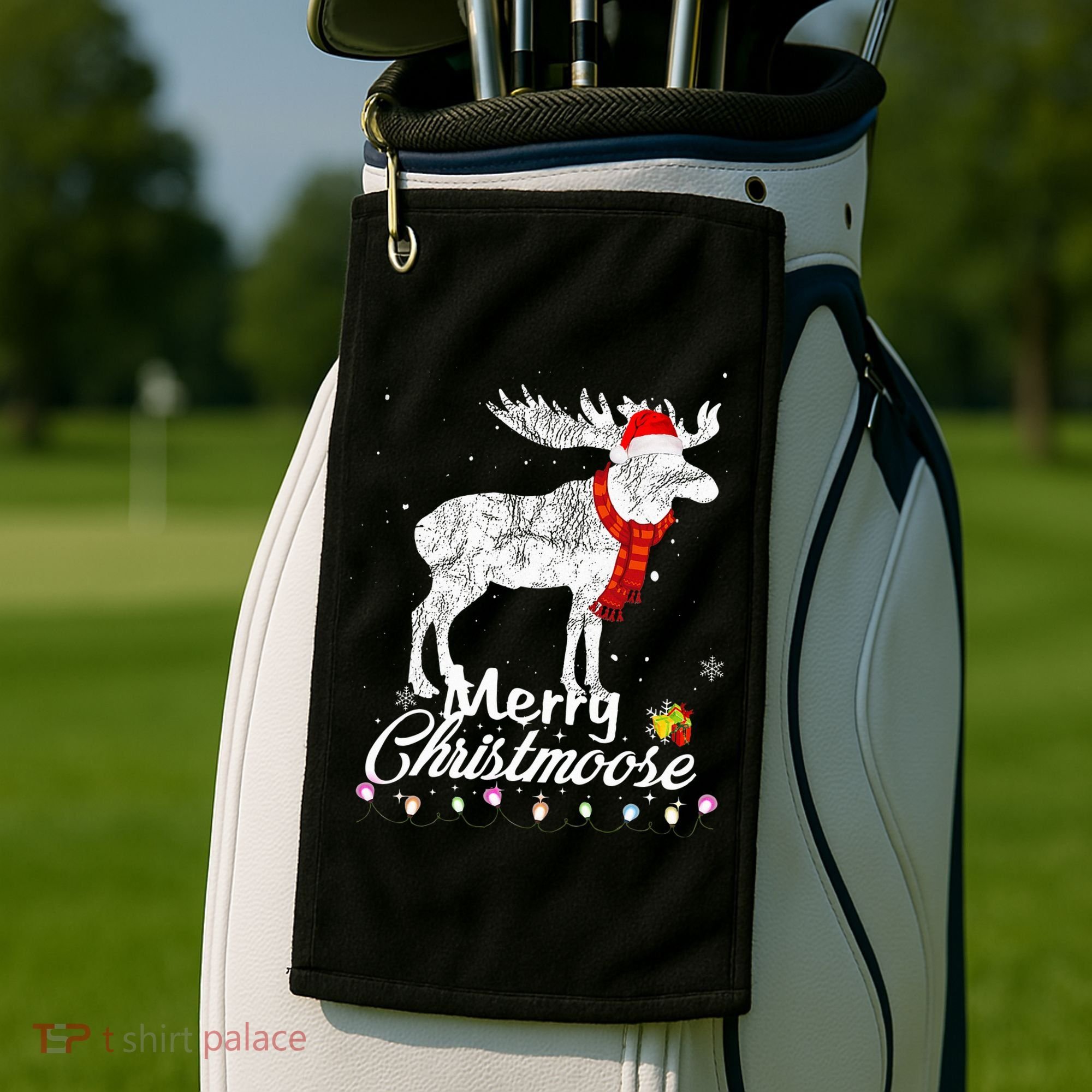 Merry Christmoose Lights Santa Hat Funny Christmas Moose  Golf Towel