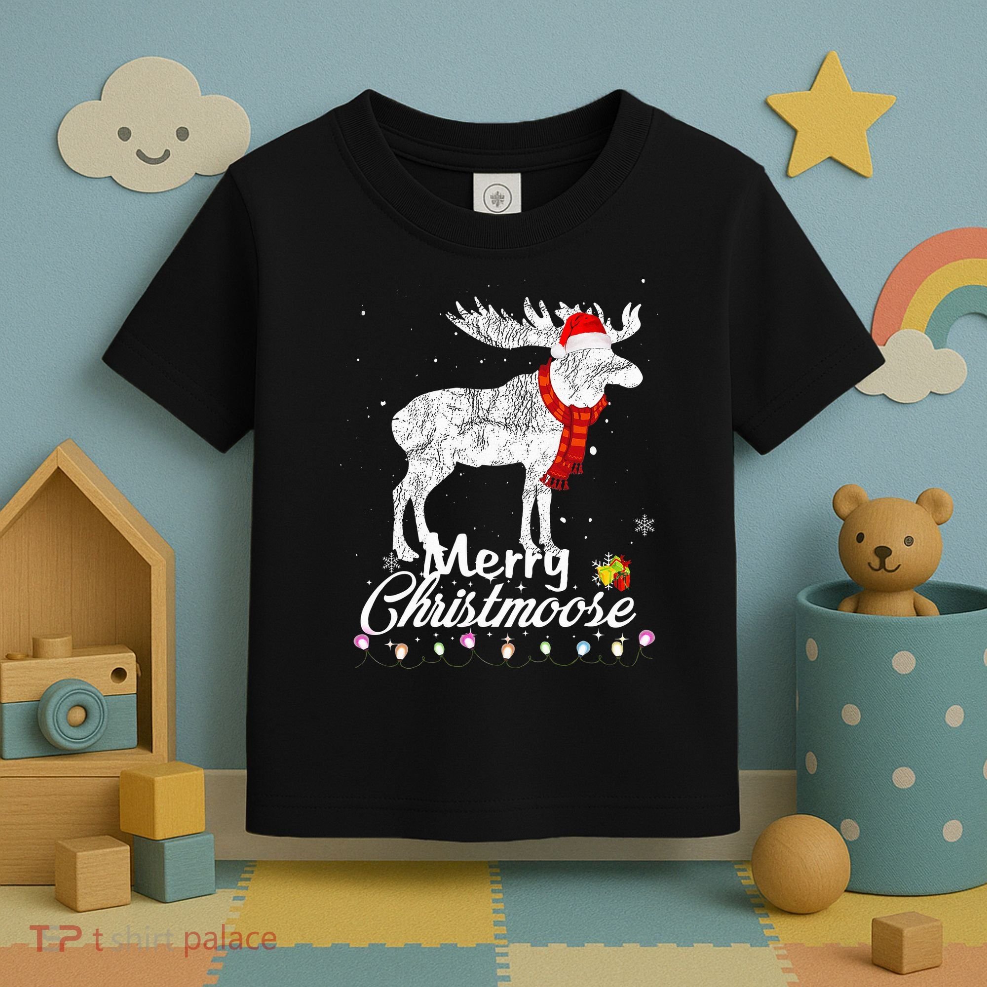 Merry Christmoose Lights Santa Hat Funny Christmas Moose  Toddler T-Shirt