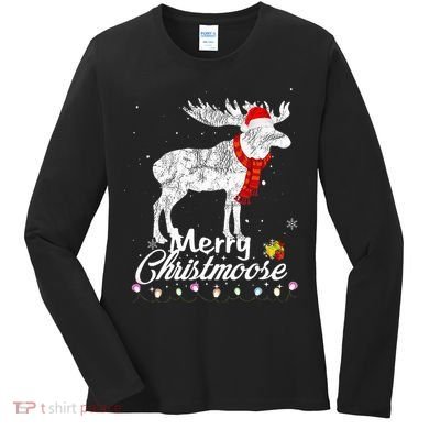 Merry Christmoose Lights Santa Hat Funny Christmas Moose  Women's Long Sleeve Shirt