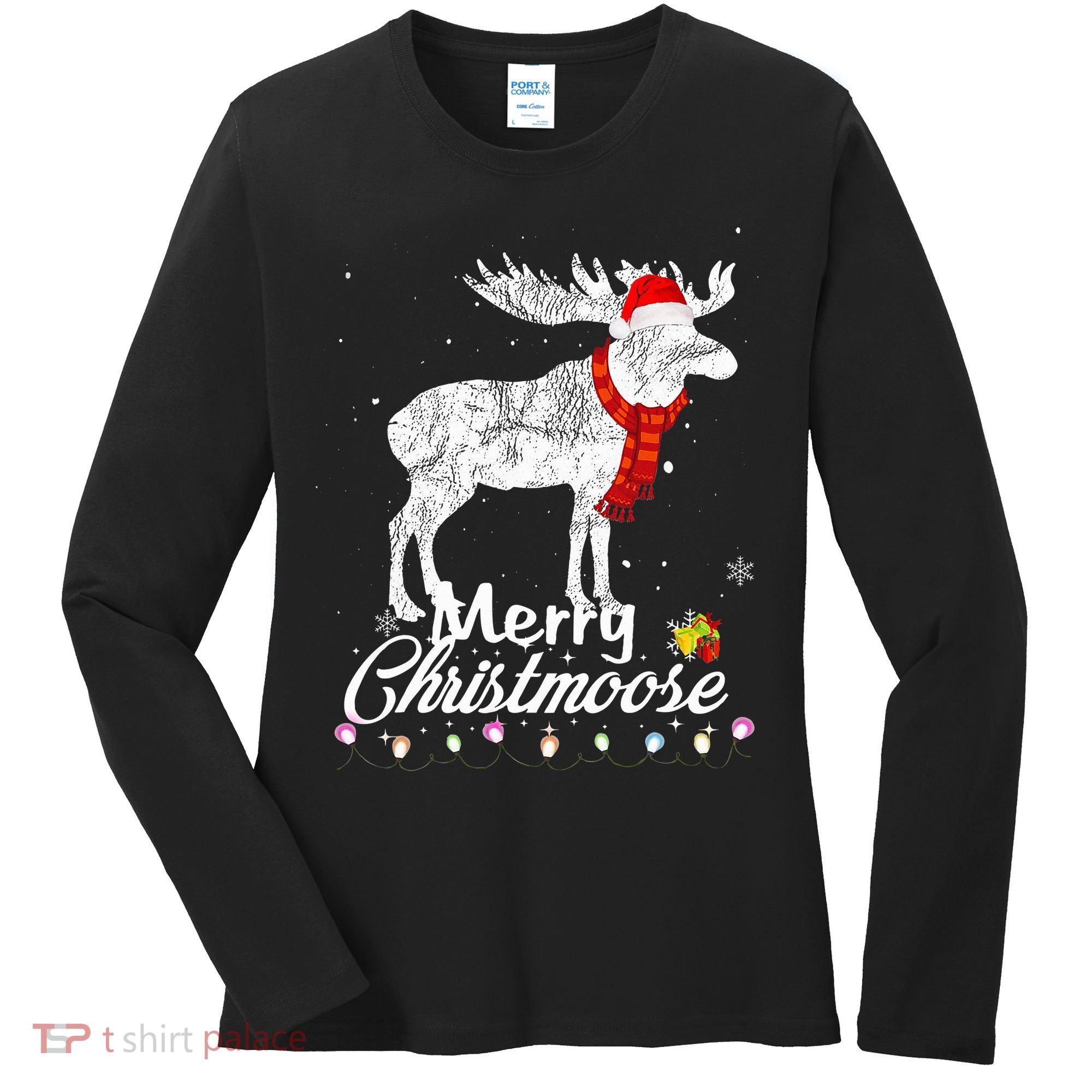 Merry Christmoose Lights Santa Hat Funny Christmas Moose  Women's Long Sleeve Shirt