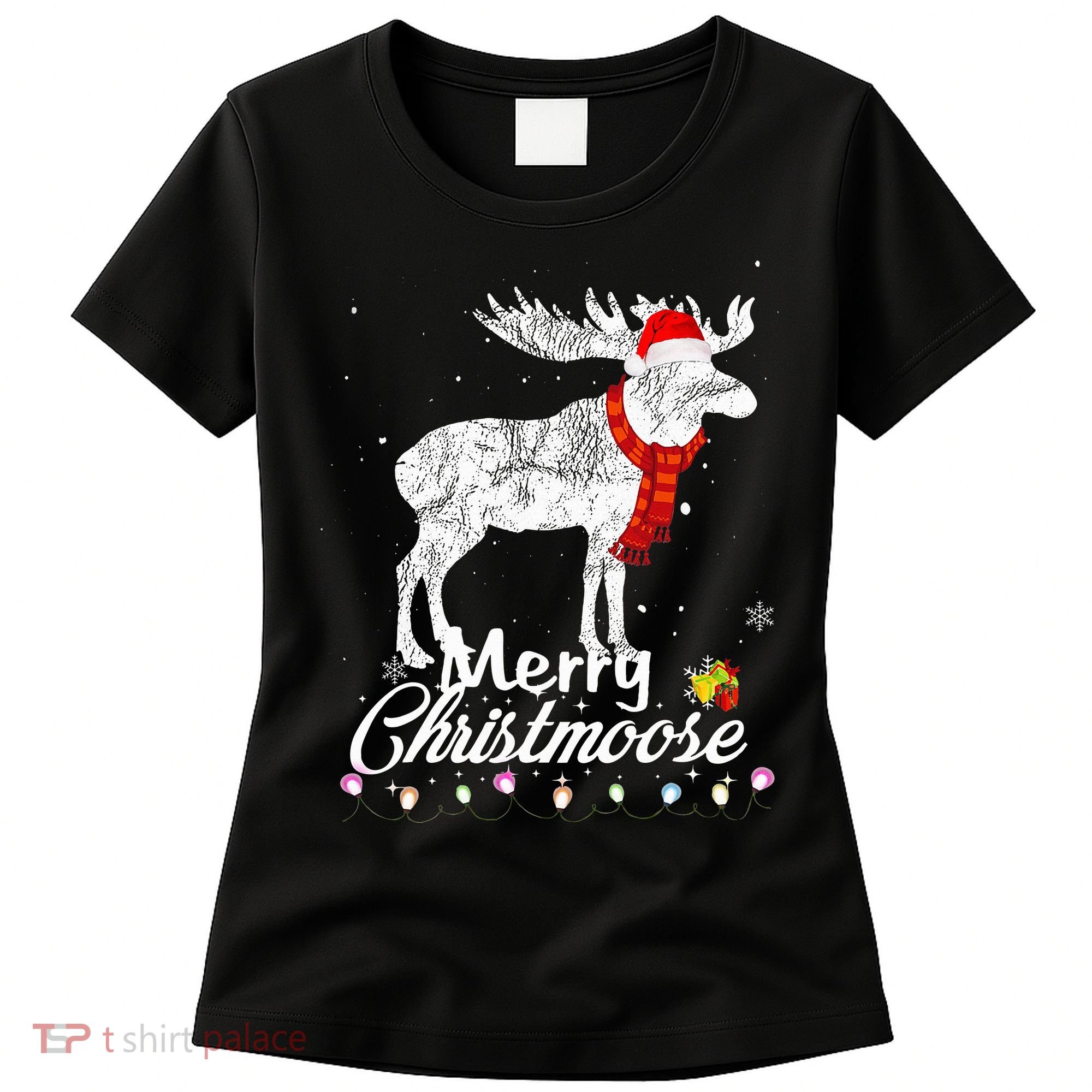 Merry Christmoose Lights Santa Hat Funny Christmas Moose  Women's T-Shirt