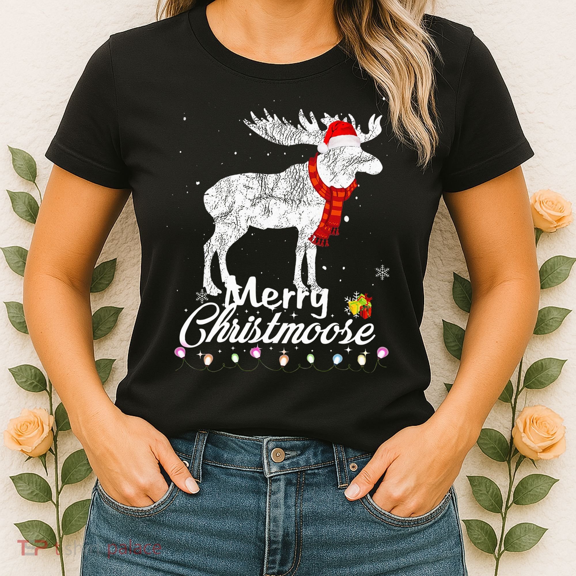 Merry Christmoose Lights Santa Hat Funny Christmas Moose  Women's T-Shirt