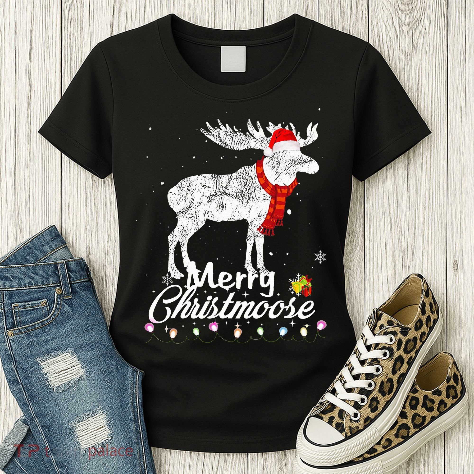 Merry Christmoose Lights Santa Hat Funny Christmas Moose  Women's T-Shirt