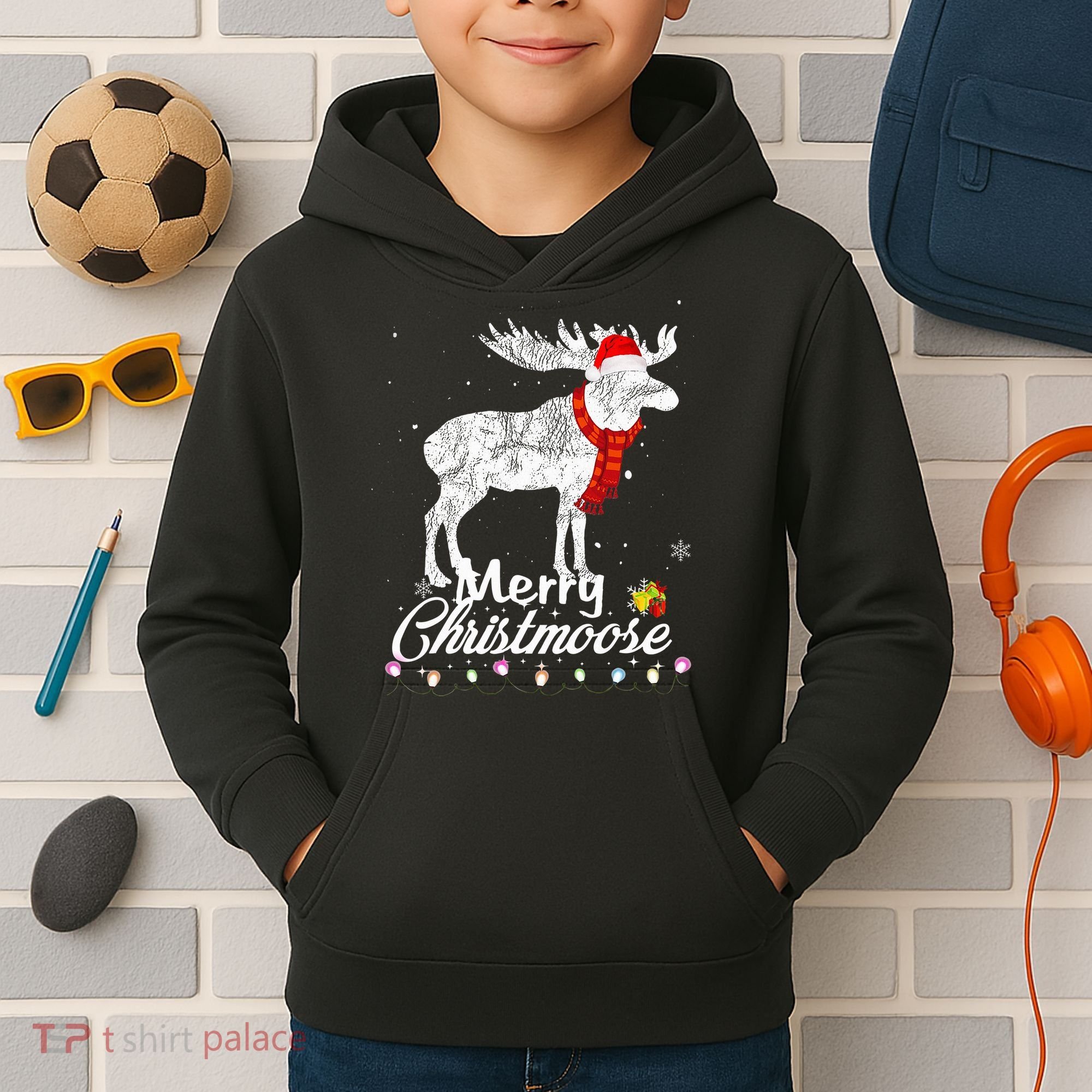 Merry Christmoose Lights Santa Hat Funny Christmas Moose  Kids Hoodie