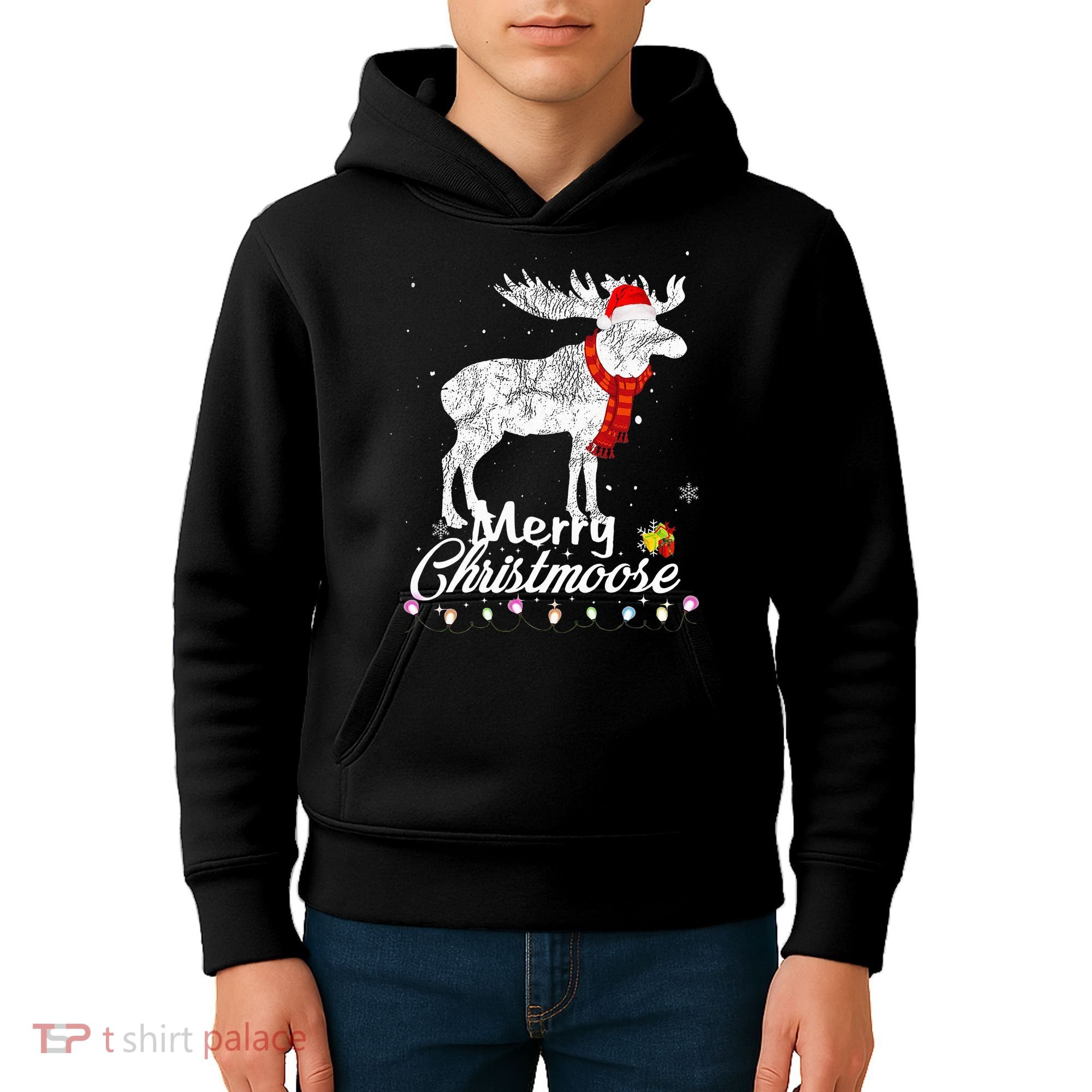 Merry Christmoose Lights Santa Hat Funny Christmas Moose  Kids Hoodie