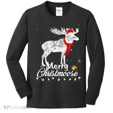 Merry Christmoose Lights Santa Hat Funny Christmas Moose  Kids Long Sleeve Shirt