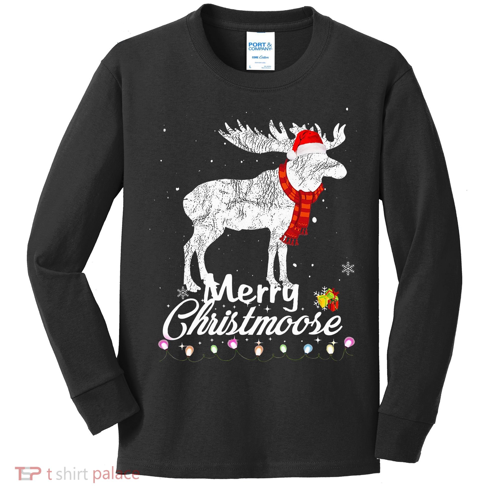 Merry Christmoose Lights Santa Hat Funny Christmas Moose  Kids Long Sleeve Shirt