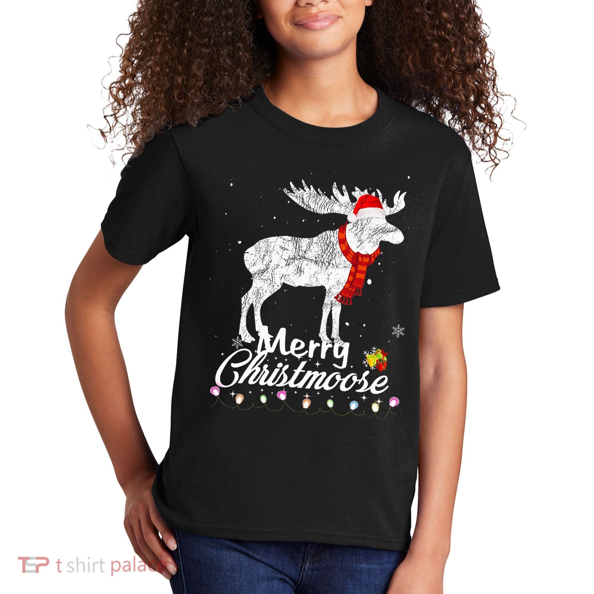 Merry Christmoose Lights Santa Hat Funny Christmas Moose  Kids T-Shirt