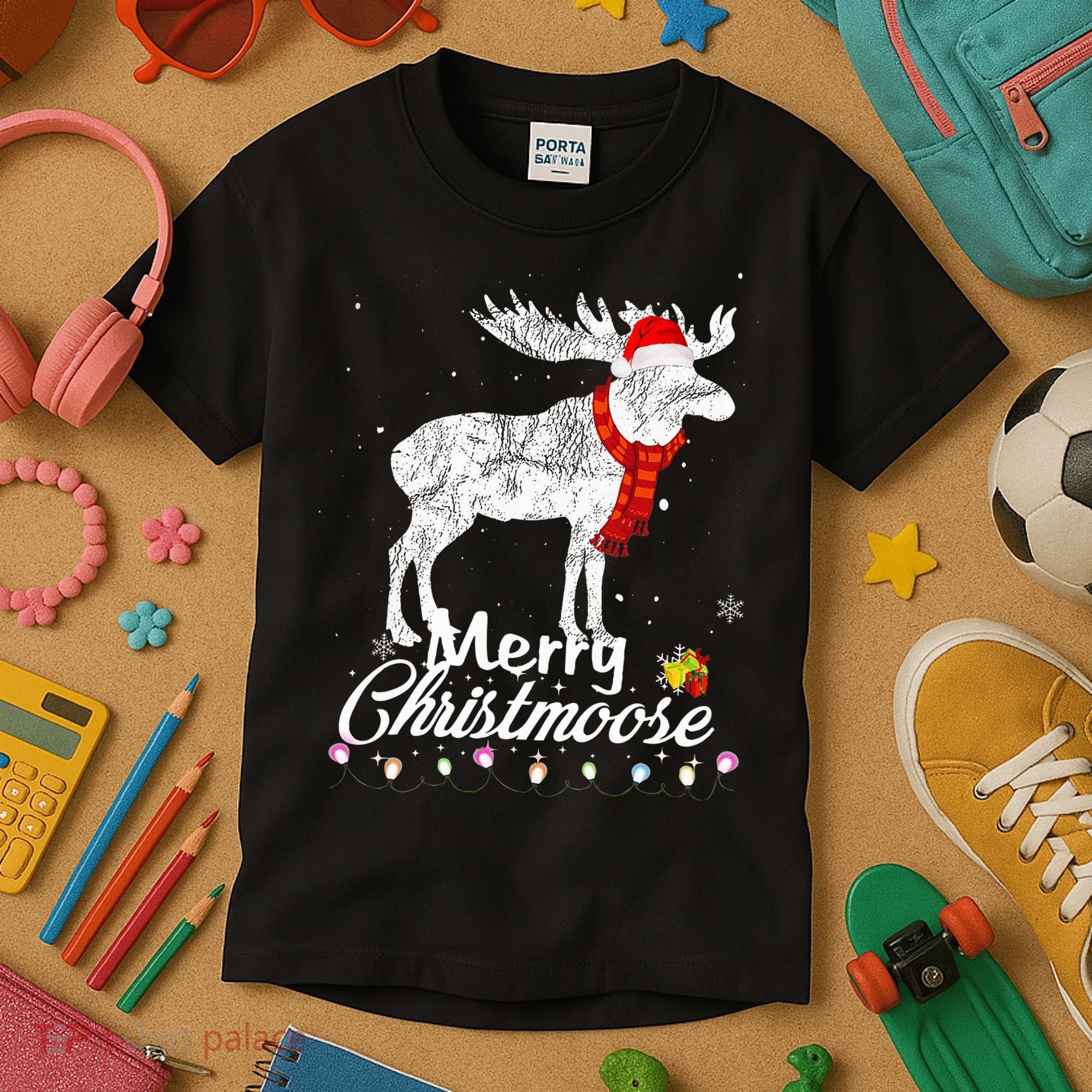 Merry Christmoose Lights Santa Hat Funny Christmas Moose  Kids T-Shirt