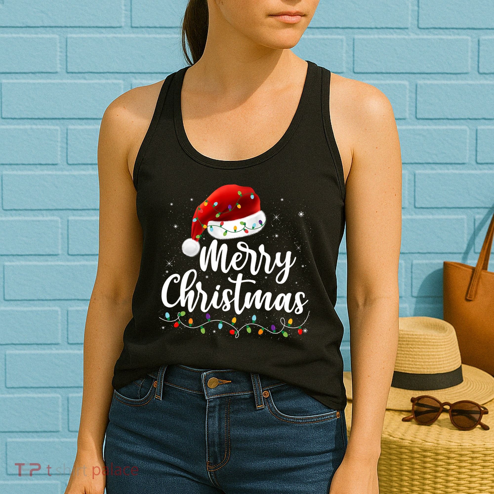Merry Christmas Lights Red Santa Hat Xmas Family Women's Tank Top