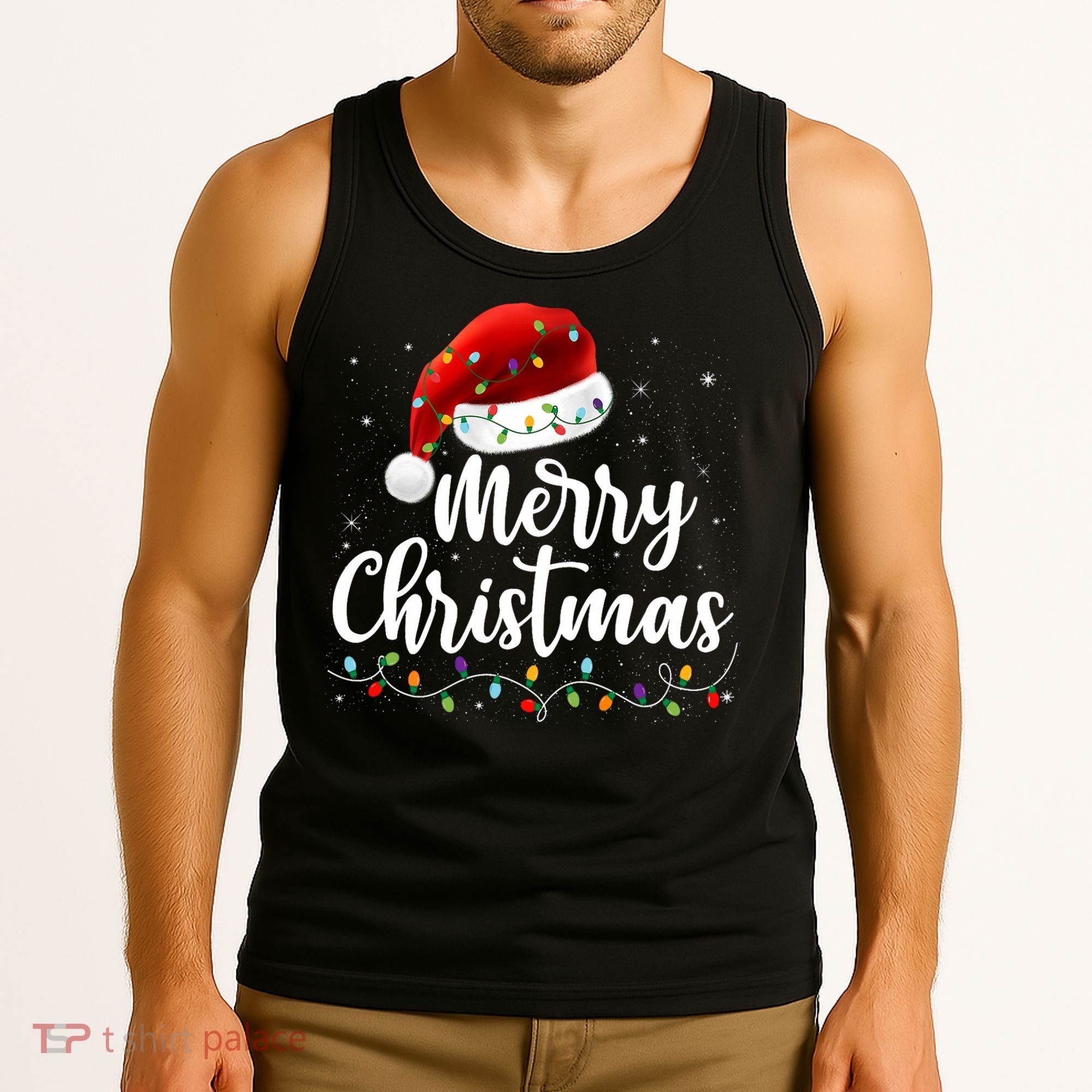 Merry Christmas Lights Red Santa Hat Xmas Family Tank Top