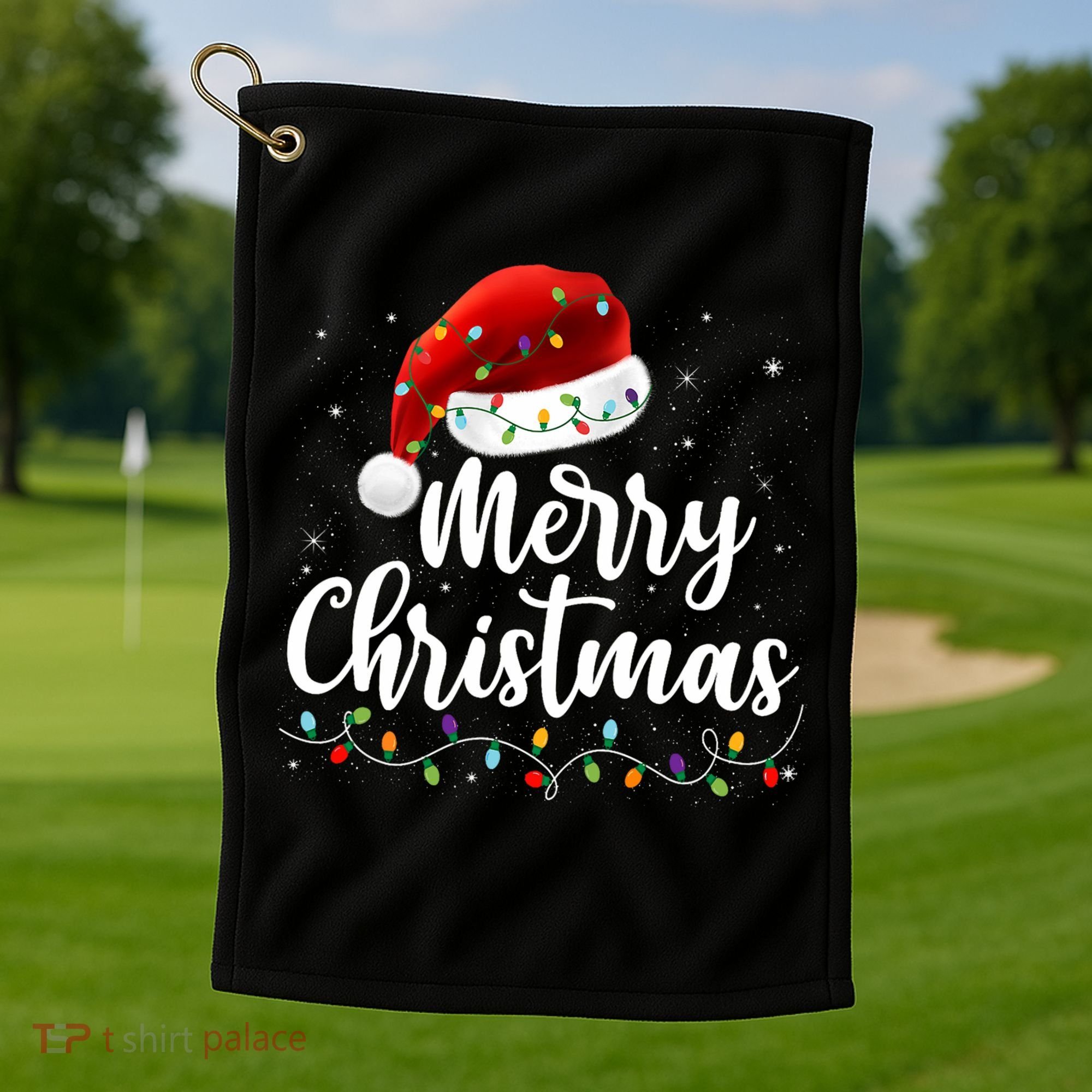 Merry Christmas Lights Red Santa Hat Xmas Family Golf Towel