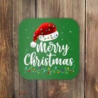 Merry Christmas Lights Red Santa Hat Xmas Family Coaster thumb 0
