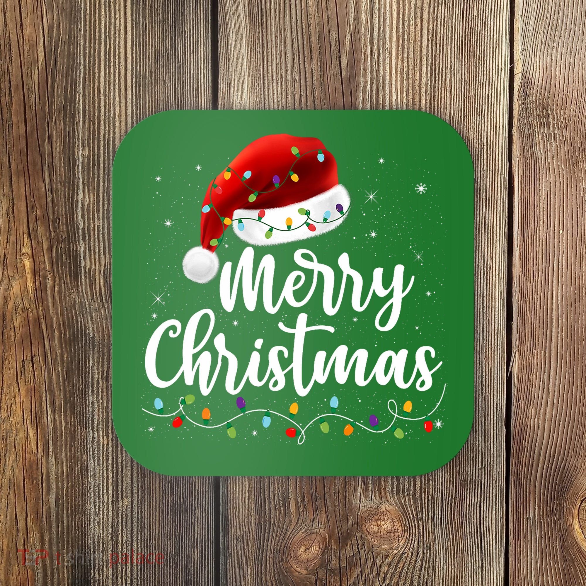 Merry Christmas Lights Red Santa Hat Xmas Family Coaster