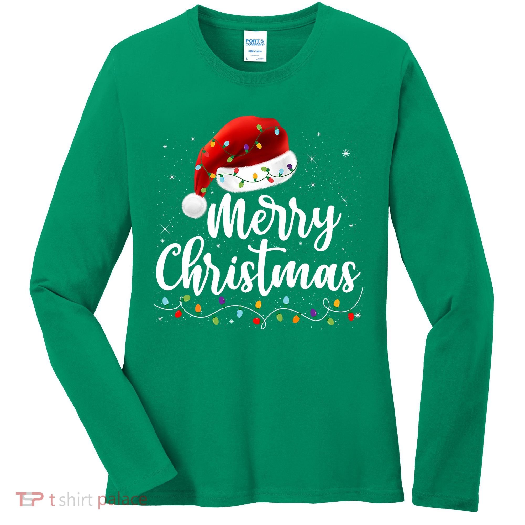 Merry Christmas Lights Red Santa Hat Xmas Family Women's Long Sleeve Shirt