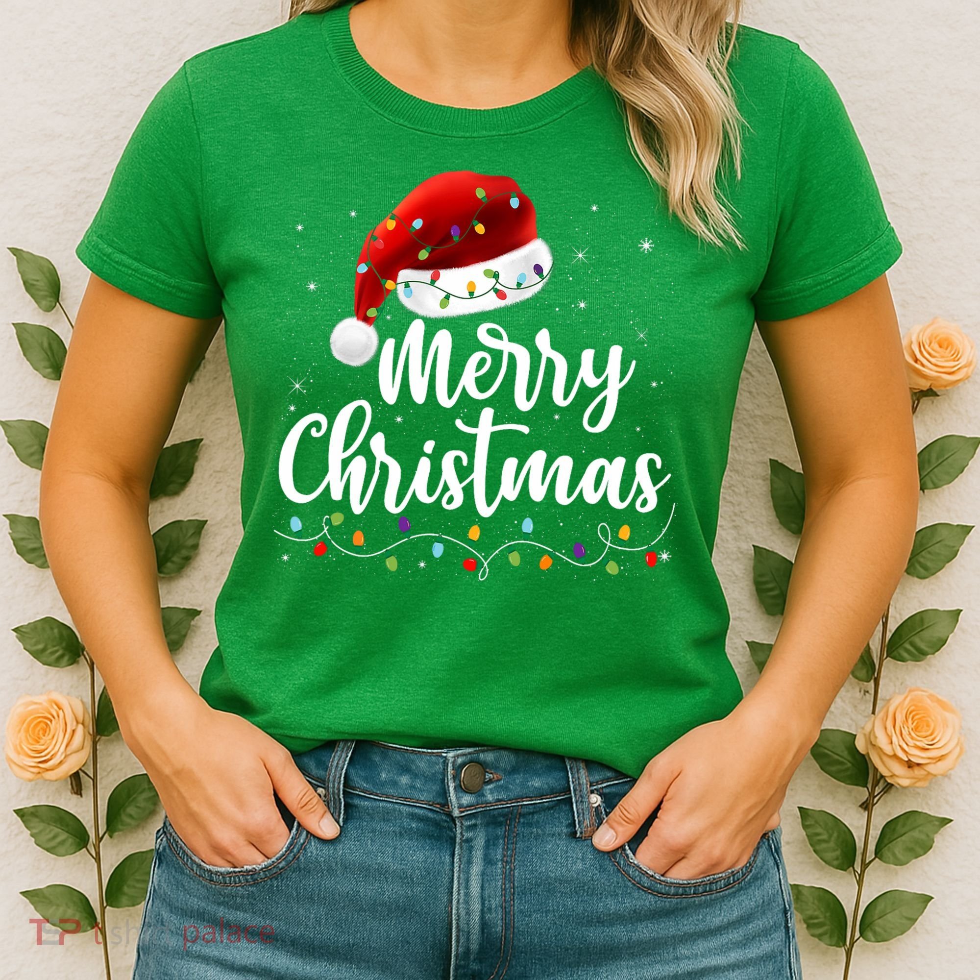 Merry Christmas Lights Red Santa Hat Xmas Family Women's T-Shirt