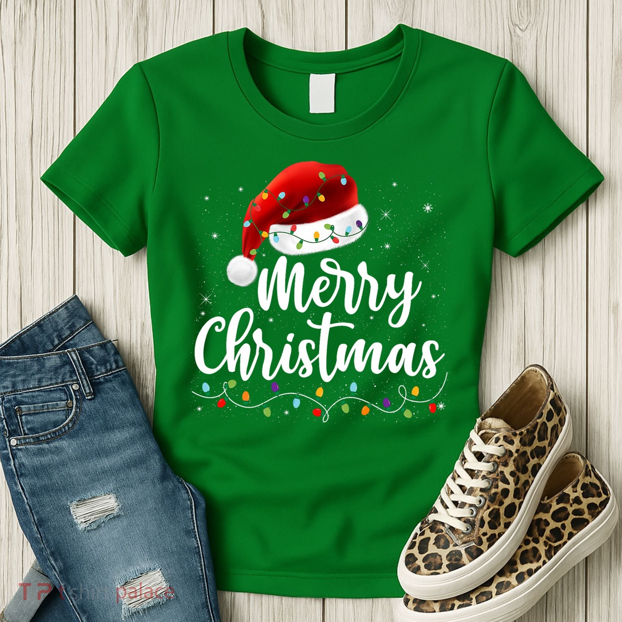 Merry Christmas Lights Red Santa Hat Xmas Family Women's T-Shirt