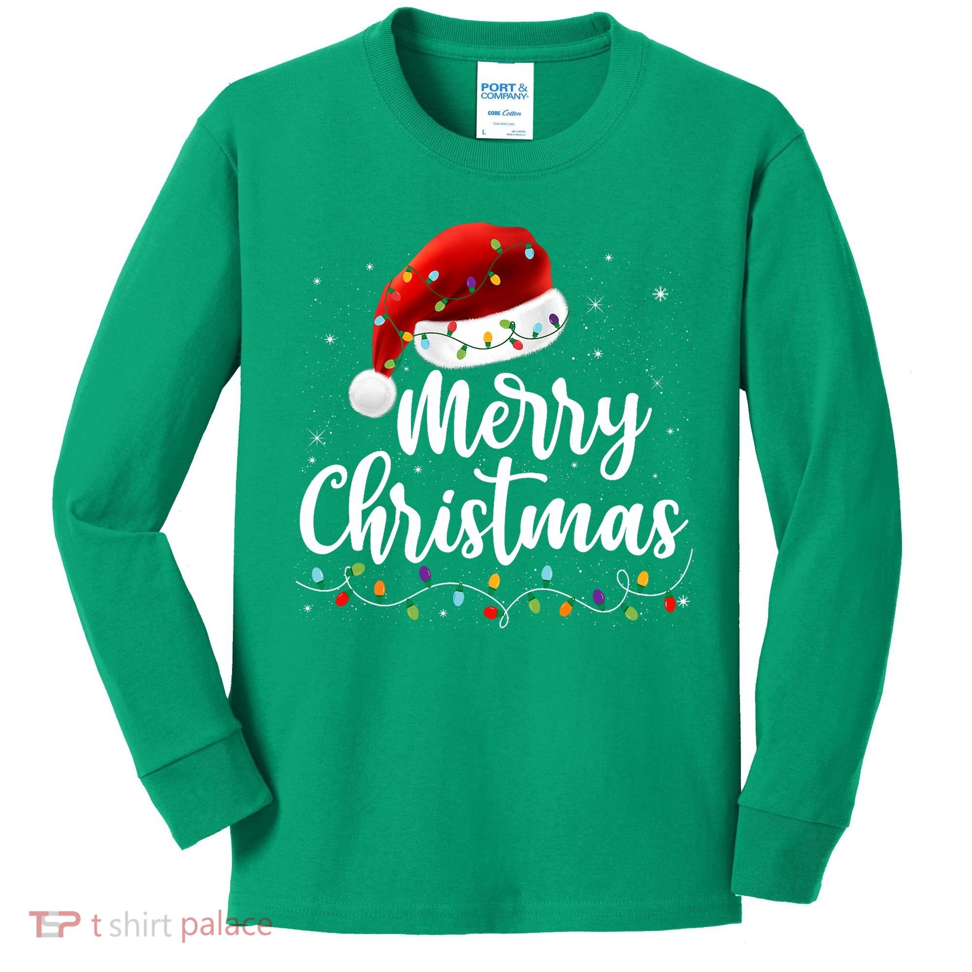 Merry Christmas Lights Red Santa Hat Xmas Family Kids Long Sleeve Shirt