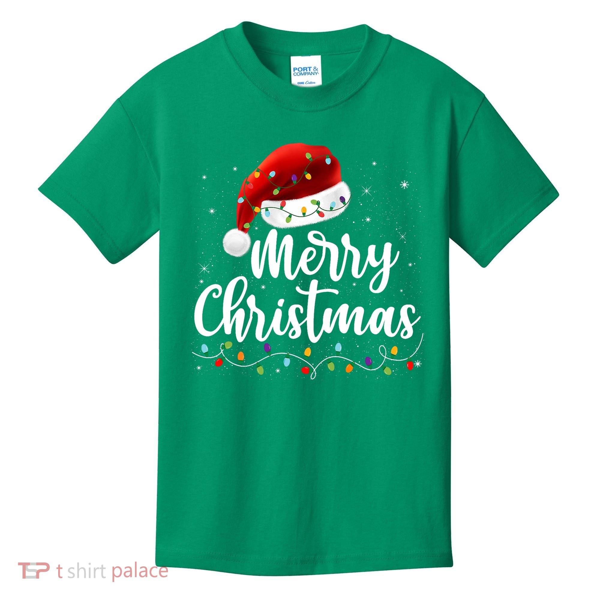 Merry Christmas Lights Red Santa Hat Xmas Family Kids T-Shirt