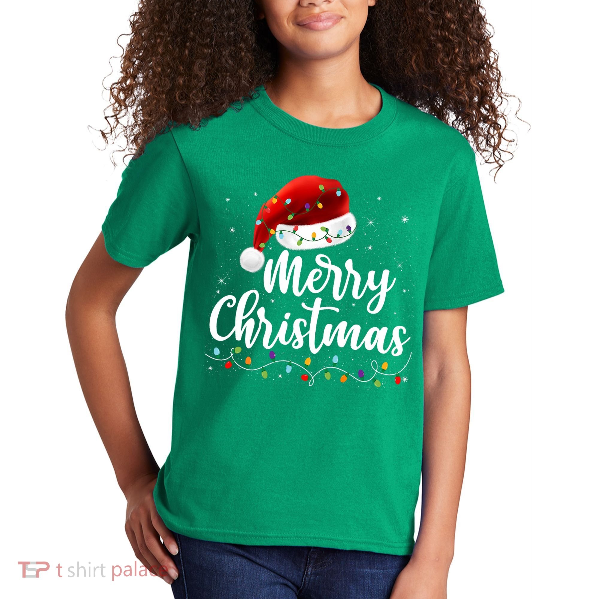 Merry Christmas Lights Red Santa Hat Xmas Family Kids T-Shirt
